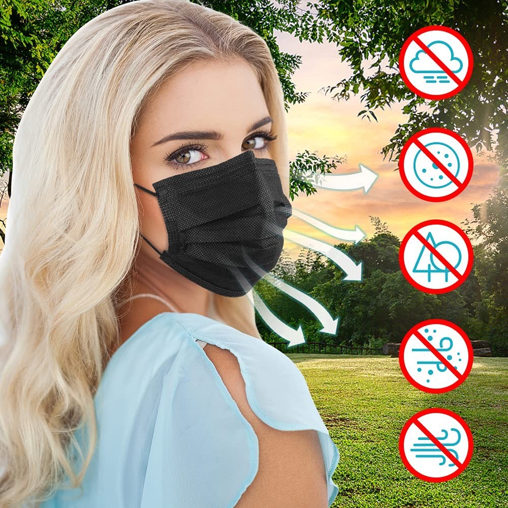 Soft Breathable Black Face Masks, 3-Ply Design, 100 Pack for Everyday Safety