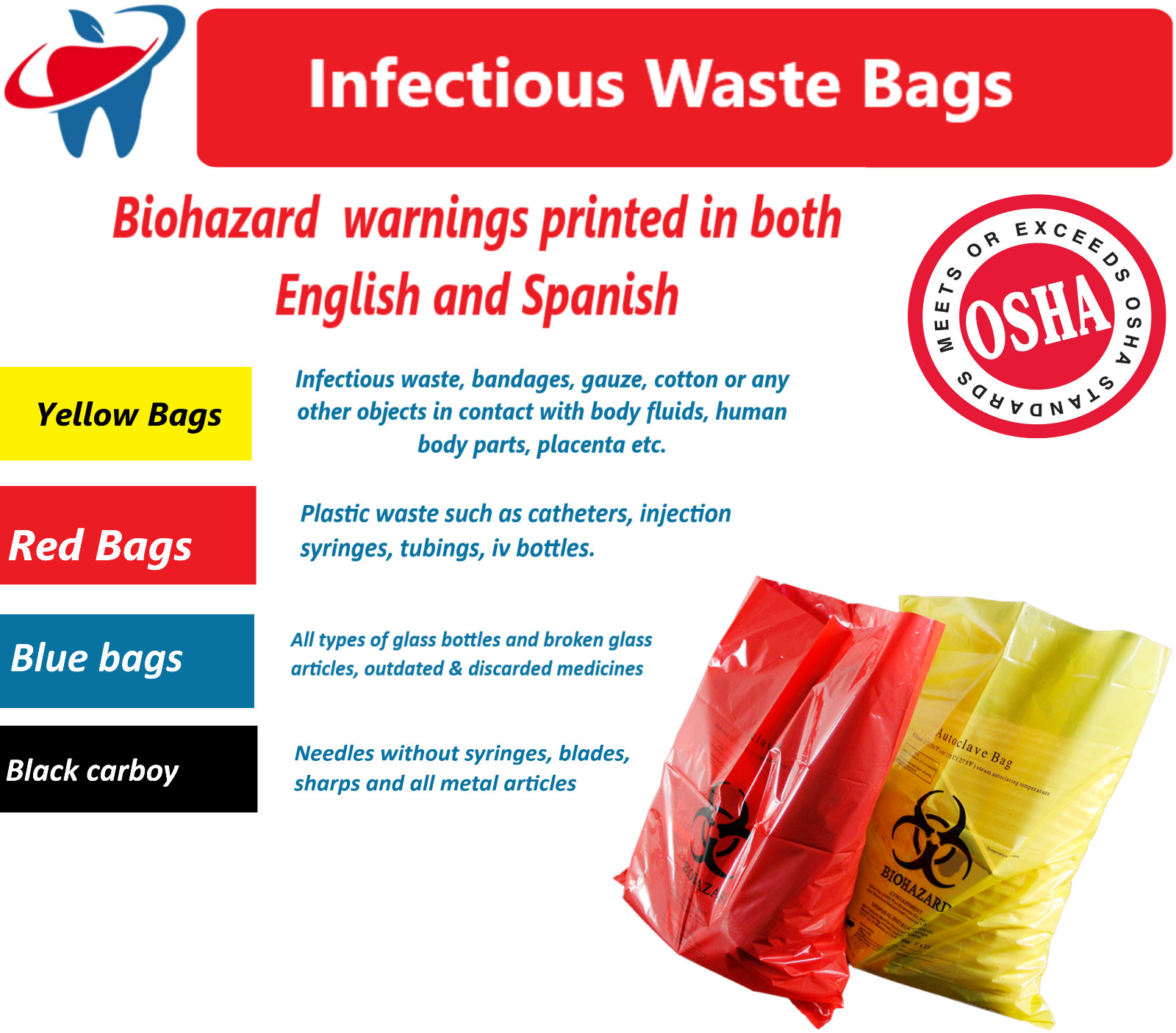 BIOHAZARD Infectious Waste Bags Red Adhesive Bag, Meets OSHA requirement