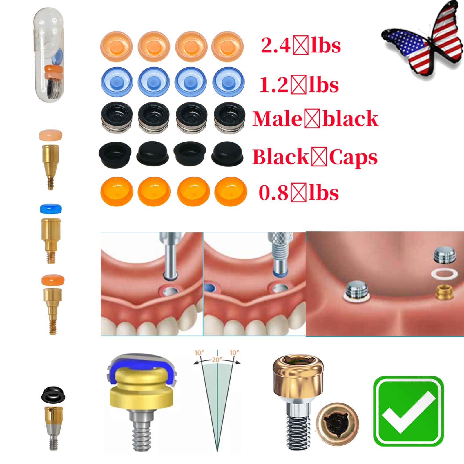 US Dental Locator Abutment Overdenture Retention Male Caps Inserts Metal Housing