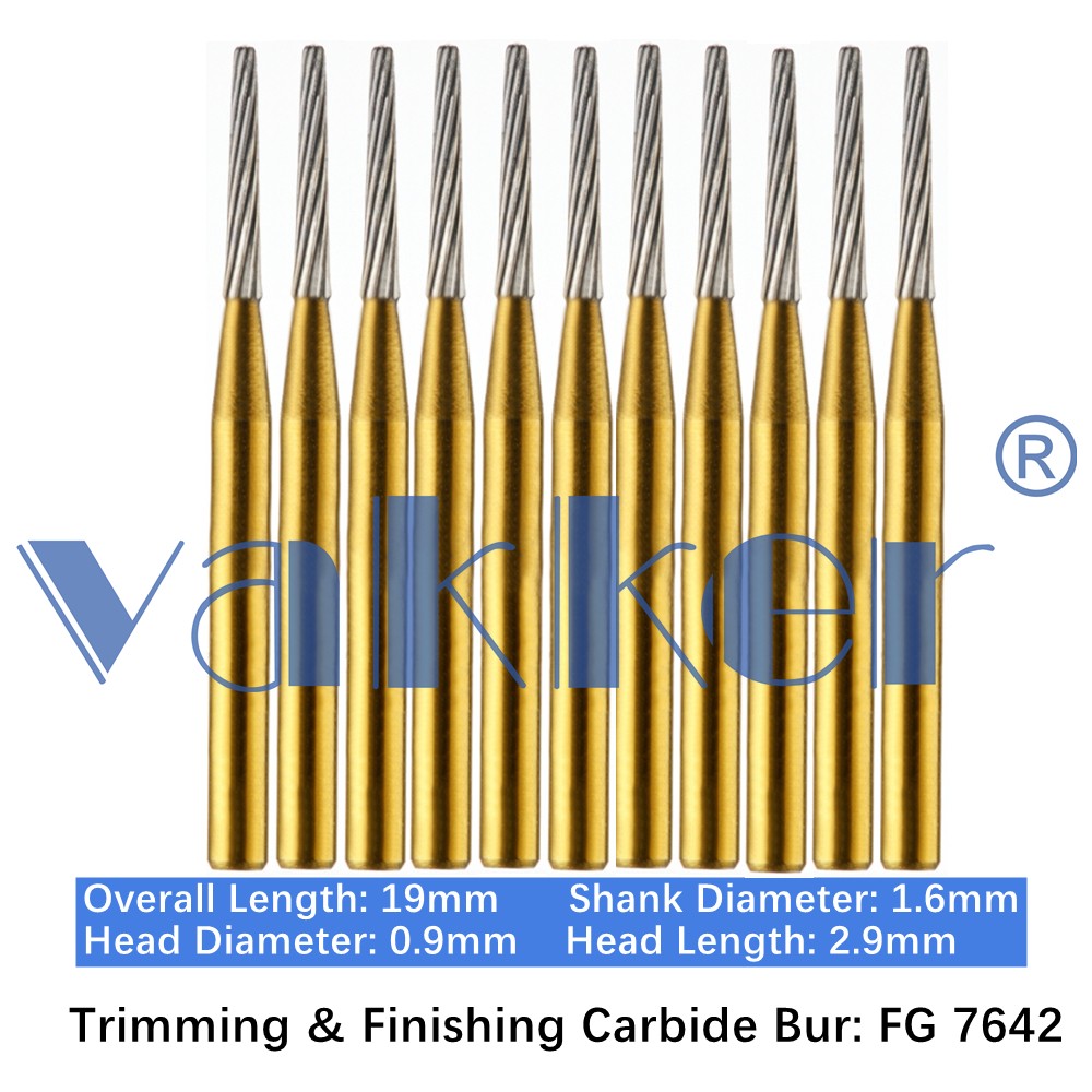 10-100pcs Vakker Dental Trimming Finishing Carbide Burs Gold Taper Burs FG 7642