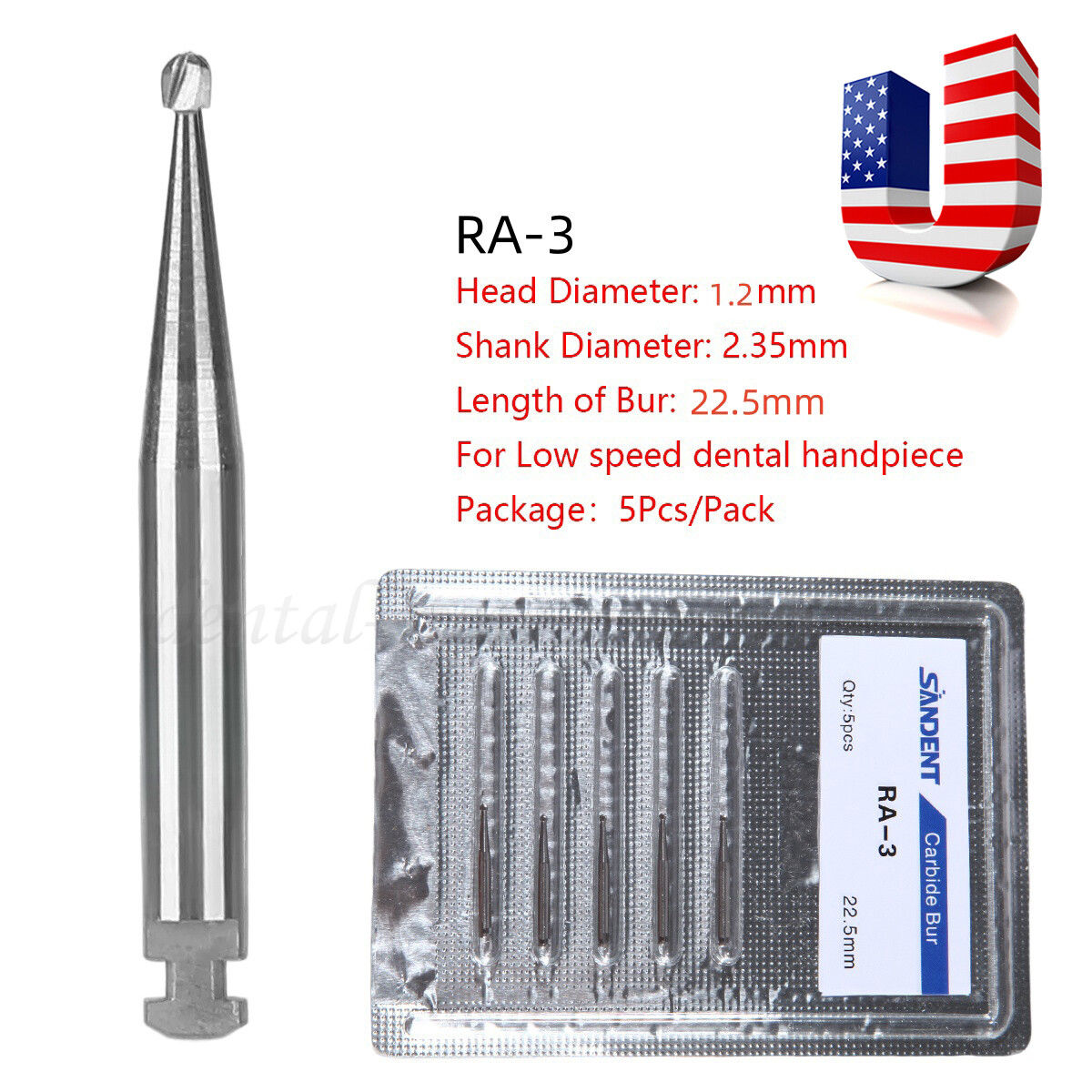 5 Pcs/Pack Dental 22.5mm Round Carbide Bur Slow Speed Latch Type RA3 Burs USA