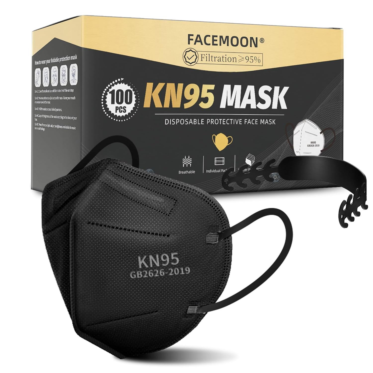 KN95 Face Masks Black Adults – 100 Pack KN95 Disposable Comfortable 5-Layer S…