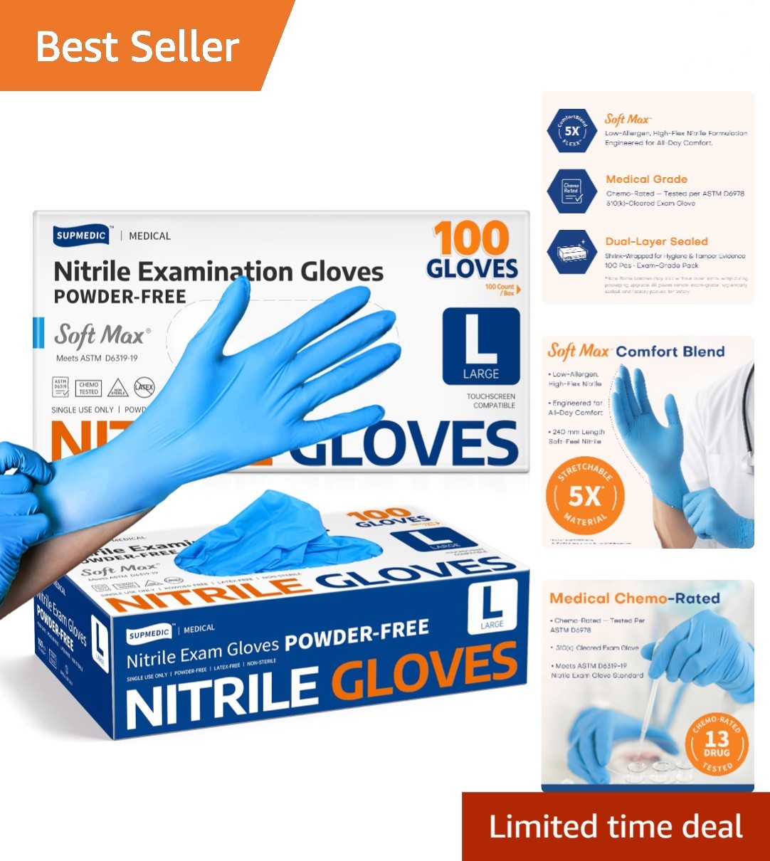 Kingfa Blue Nitrile Medical Gloves Powder & Latex Free Disposable 3 mil