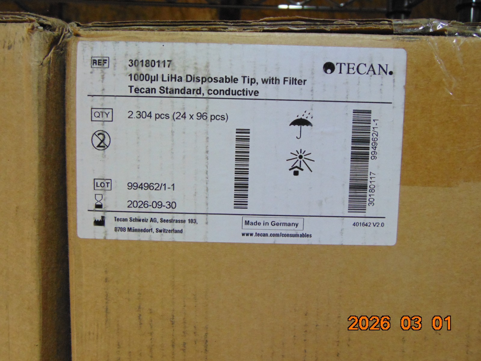 1 CASE 2,304 PCS Tecan 1000UL CONDUCTIVE FILTER TIP 30180117 EXP. 2026-09-30