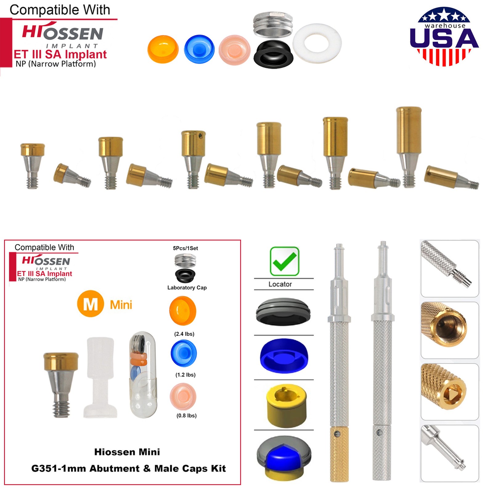 US Dental Locator Overdenture Abutment & Caps Fits Nobel/Hiossen/Zimmer/MIS/TSV