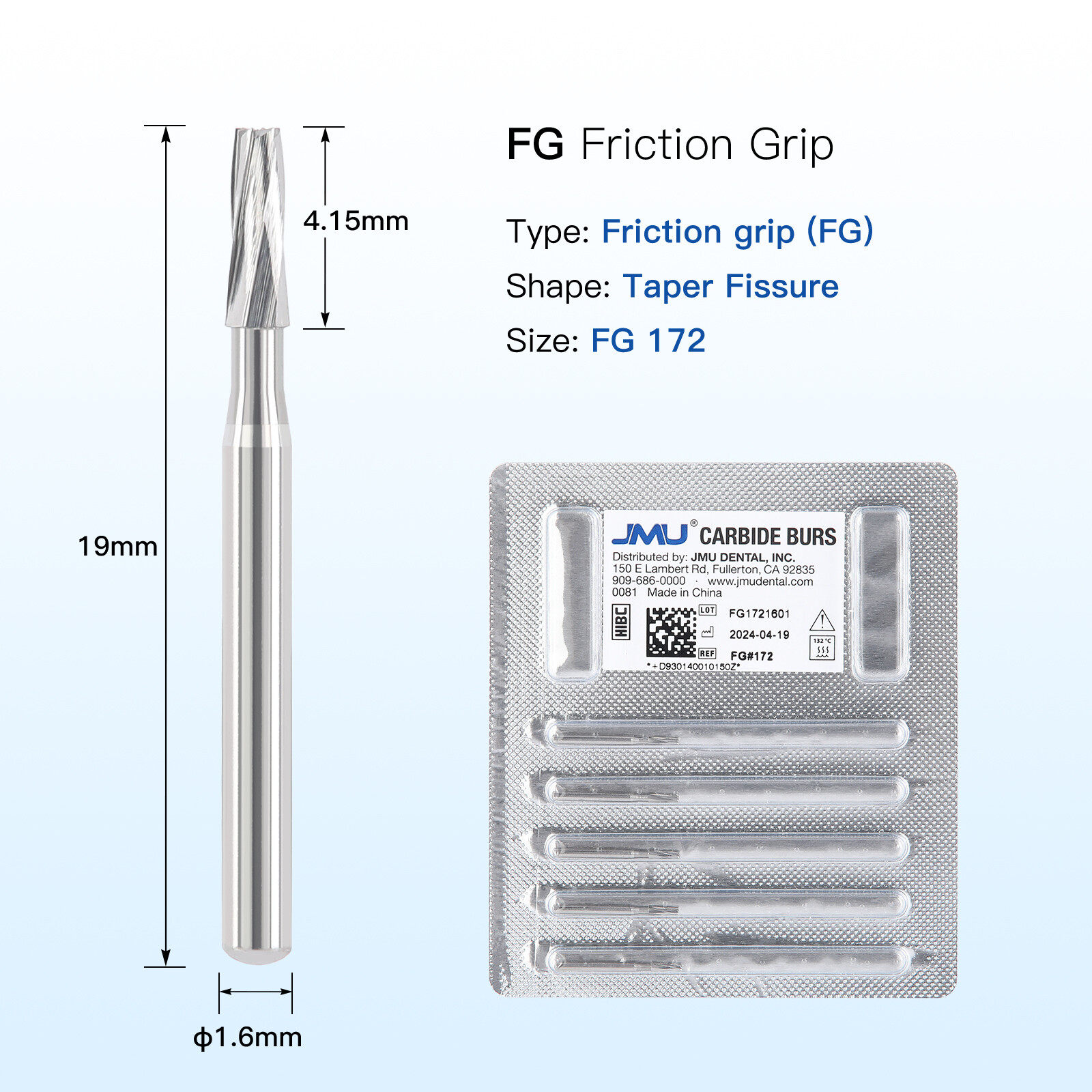 JMU Dental Carbide Burs High Speed FG Taper Fissure 5pcs/pk