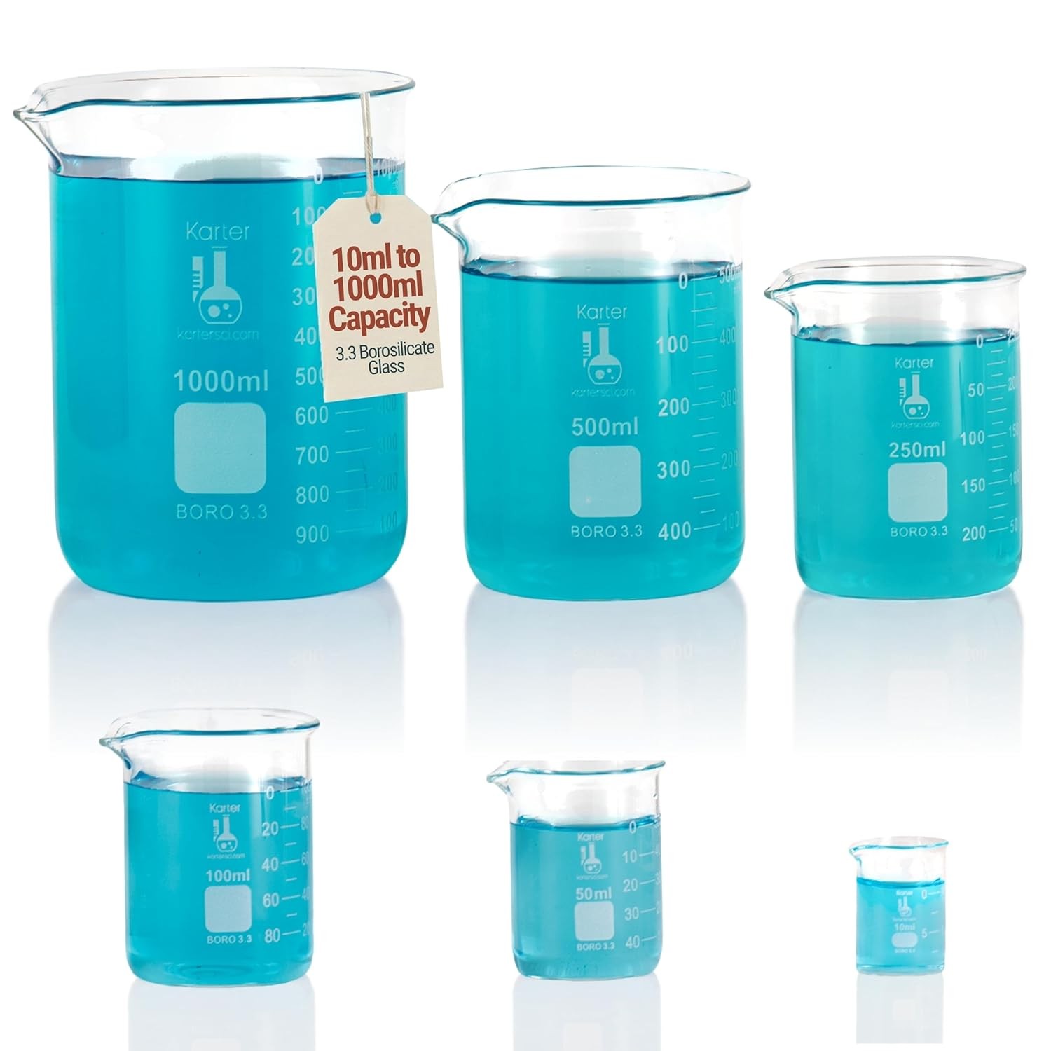 Glass Beaker Set 6 Sizes 10ml-1000ml Griffin Low Form Borosilicate