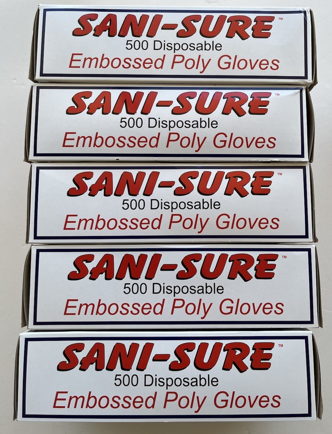 5 Boxes Of 500 SANI-SURE Disposable Embossed Single Use Poly Gloves Large NEW
