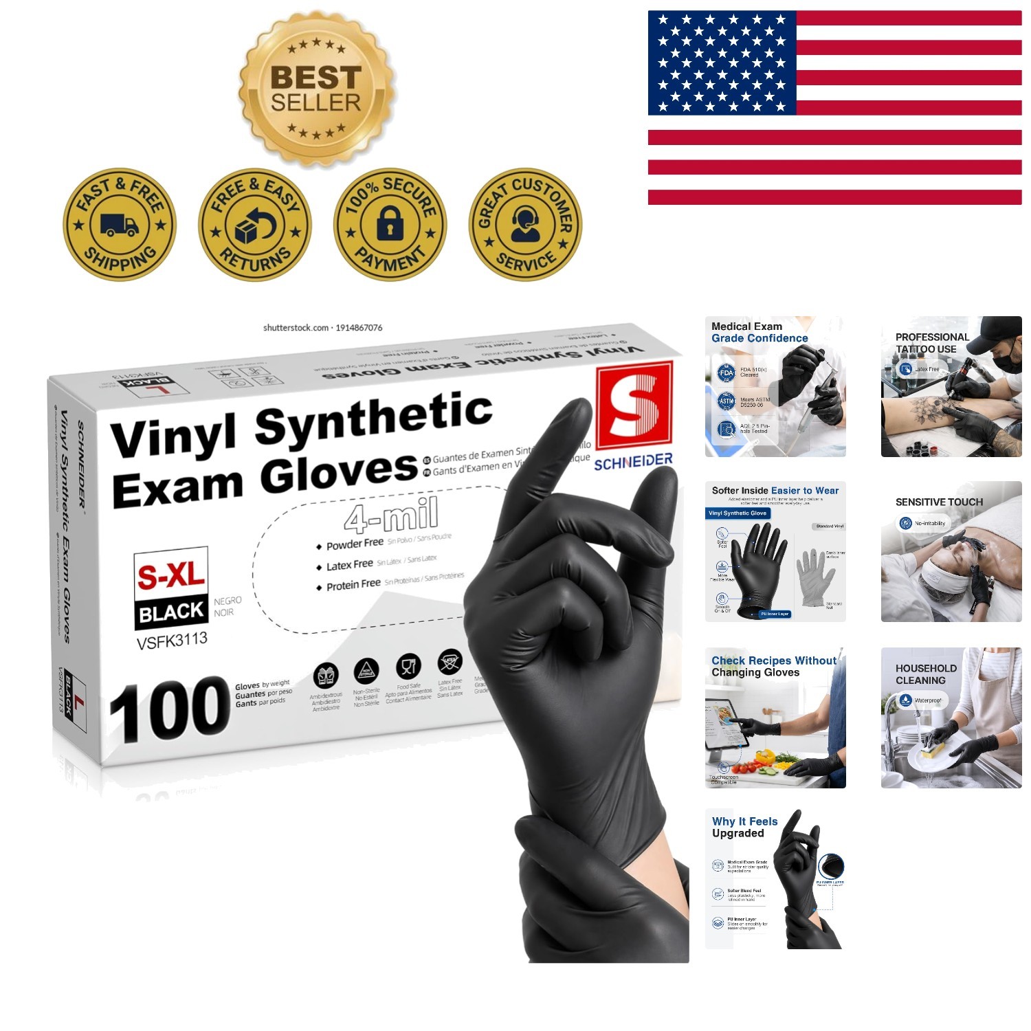 Latex-Free Disposable Exam Gloves – 4 Mil, Waterproof, X-Large Black Pack of 100