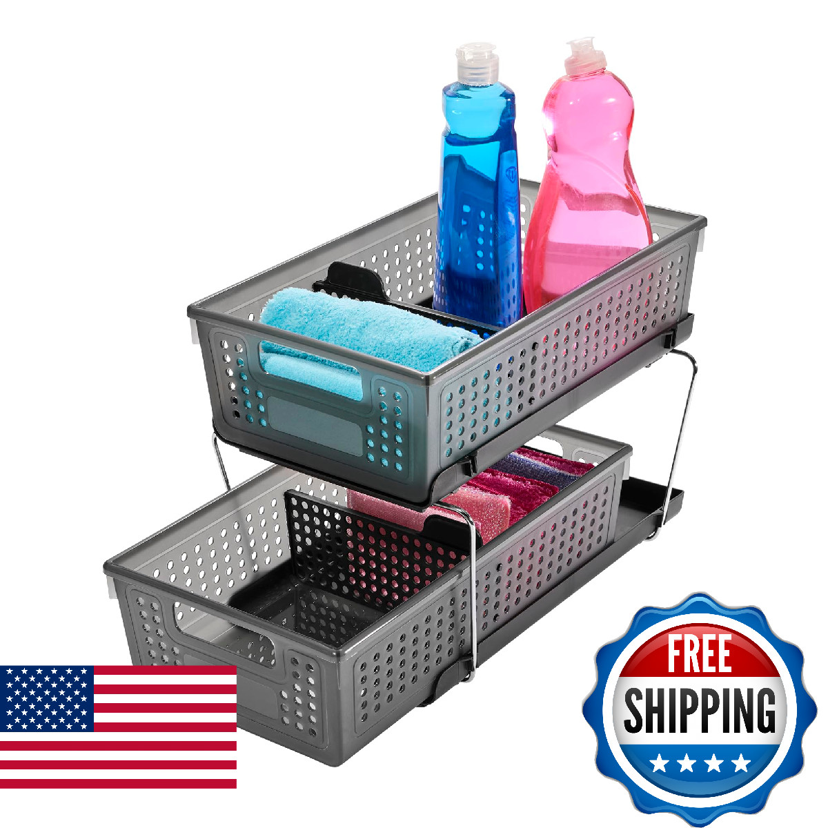 madesmart Two-Tier Under Cabinet Organizer, Sliding Drawer Storage for Cleaning