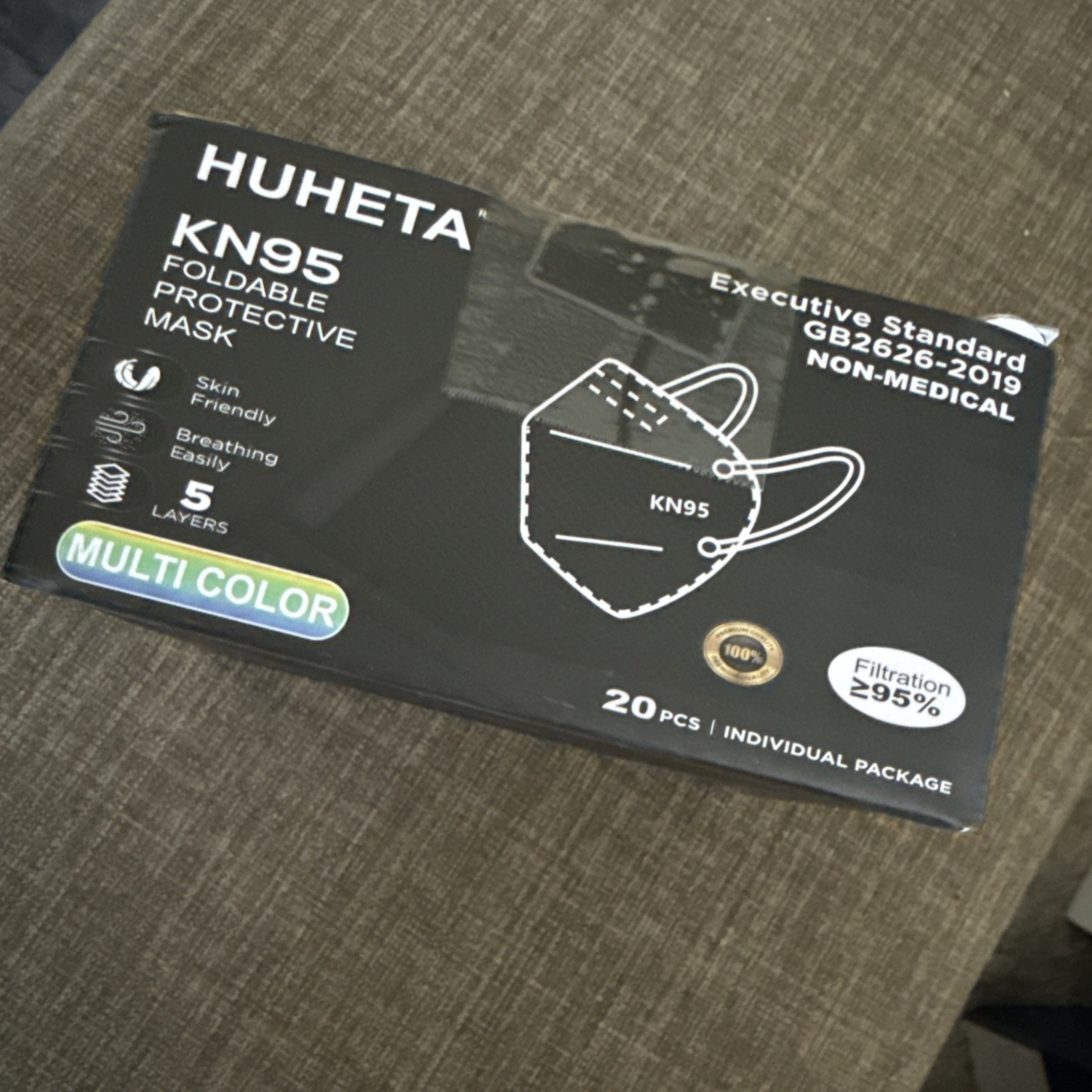 HUHETA 15 Pcs Black KN95 Protective Face Mask, 5 Layers, Foldable, Non Medical