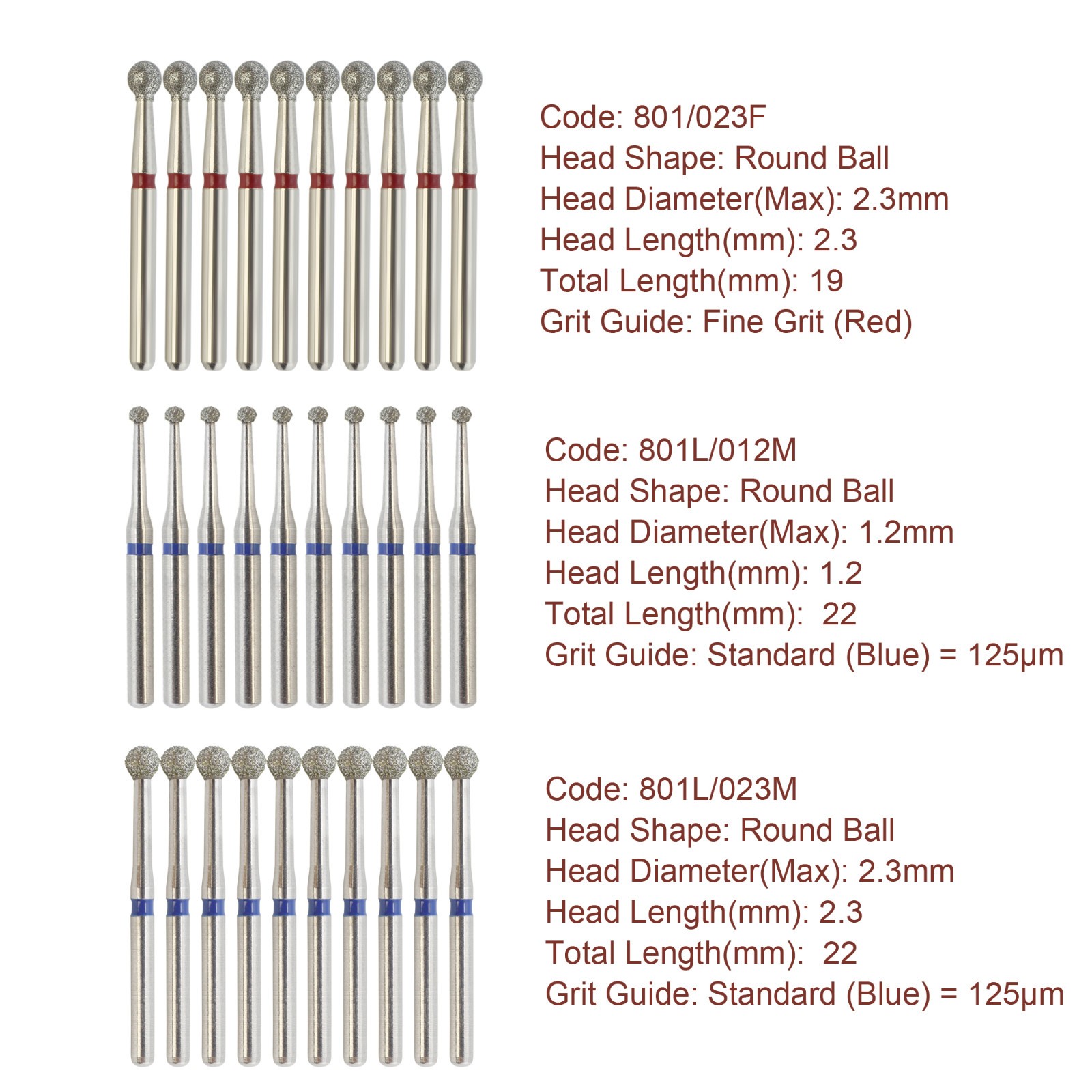 Dental Diamond Burs 801/801L Muti-use FG Round Ball Bur For High Speed Handpiece