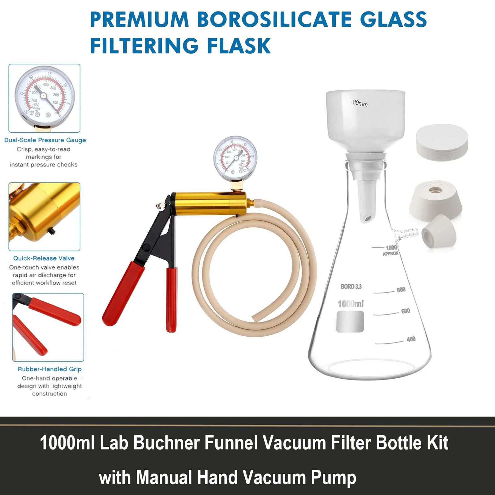 1000mL Glass Lab Vacuum Filtration Buchner Funnel Suction Flask Vacuum Pump US