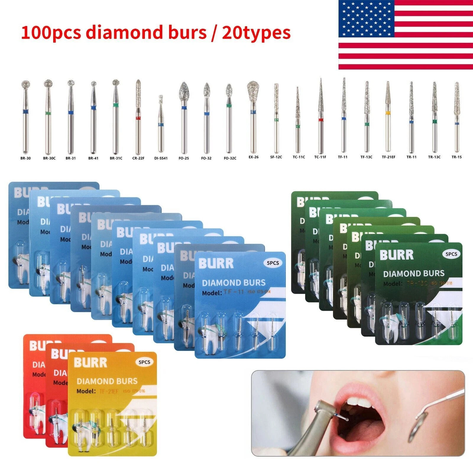 100pcs Dental Diamond Burs FG 1.6mm 20 Types for High Speed Handpiece Tubine