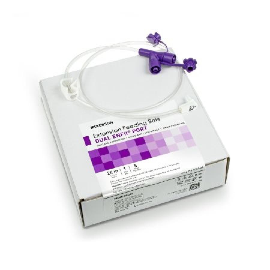 McKesson Enteral Feed Extend Set 24″ Enfit YPort Right Angle Connector/Clamp 1