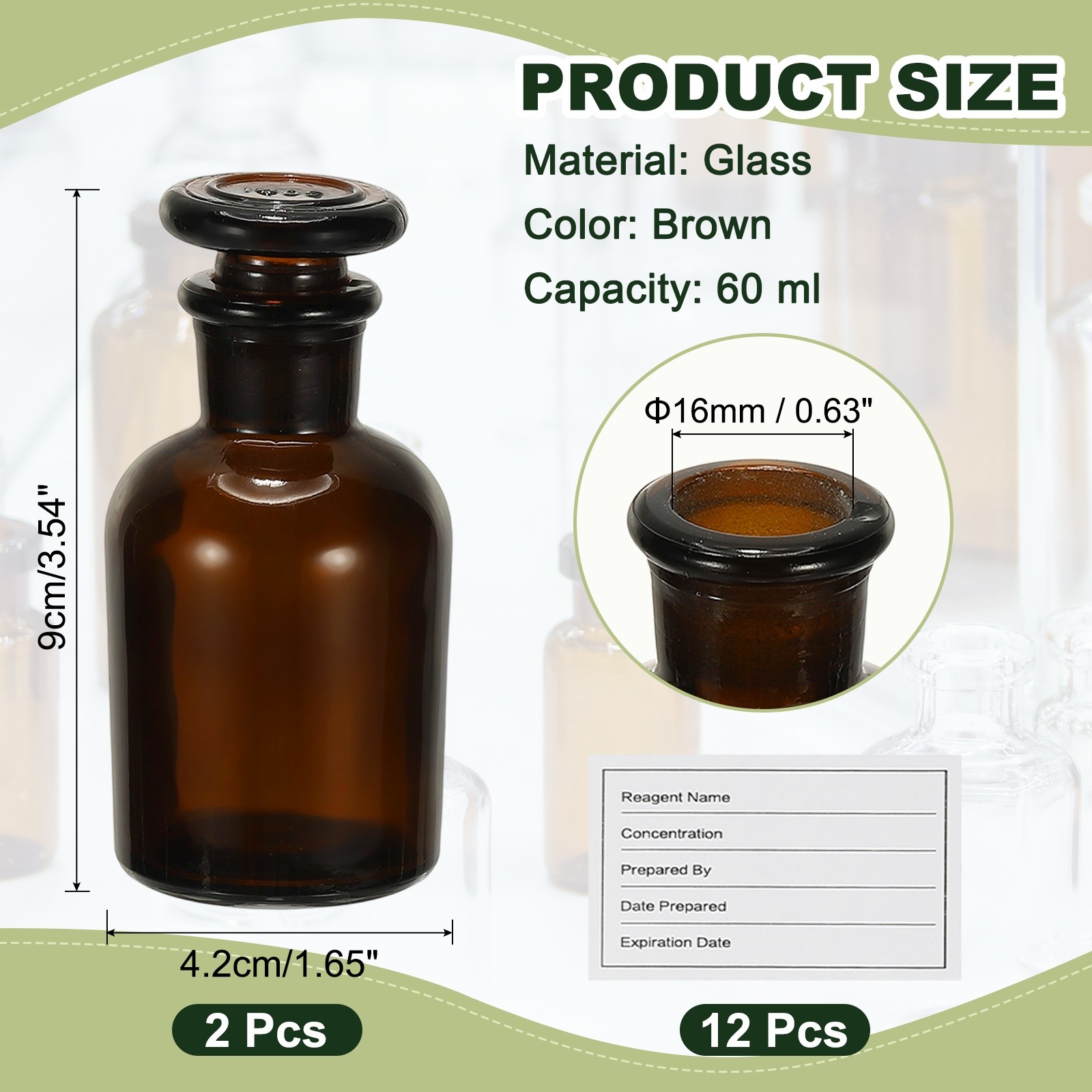 2Pack 60ml Narrow Mouth Reagent Media Bottle with Stopper, Brown(2.1 Oz)