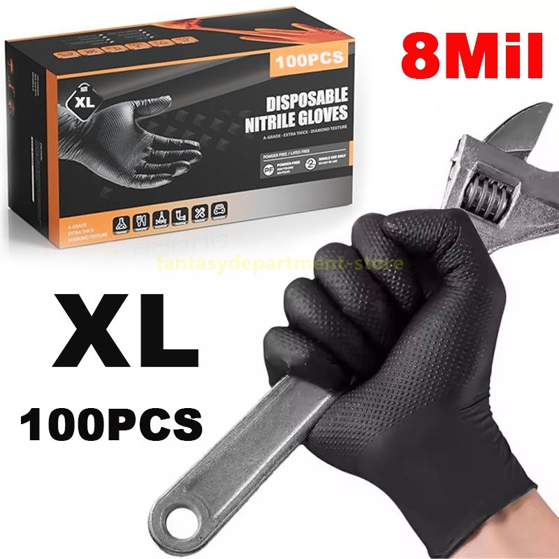 Black XL Nitrile Disposable Gloves 8 Mil Raised Diamond Texture | Fast Ship US