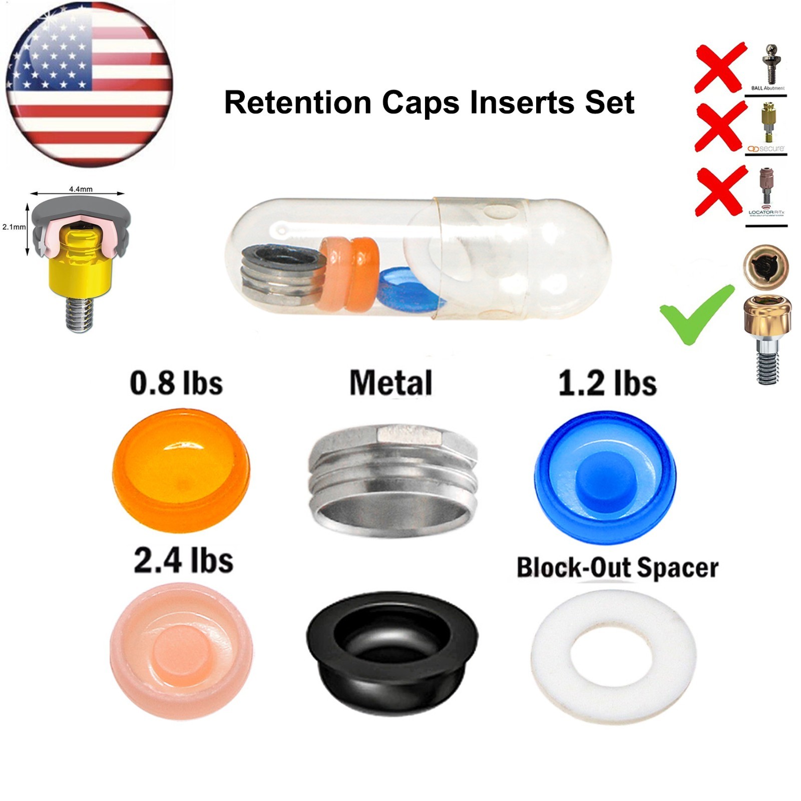 US Dental Overdenture Locator Core Tool Retention Male Caps For Abutment Inserts