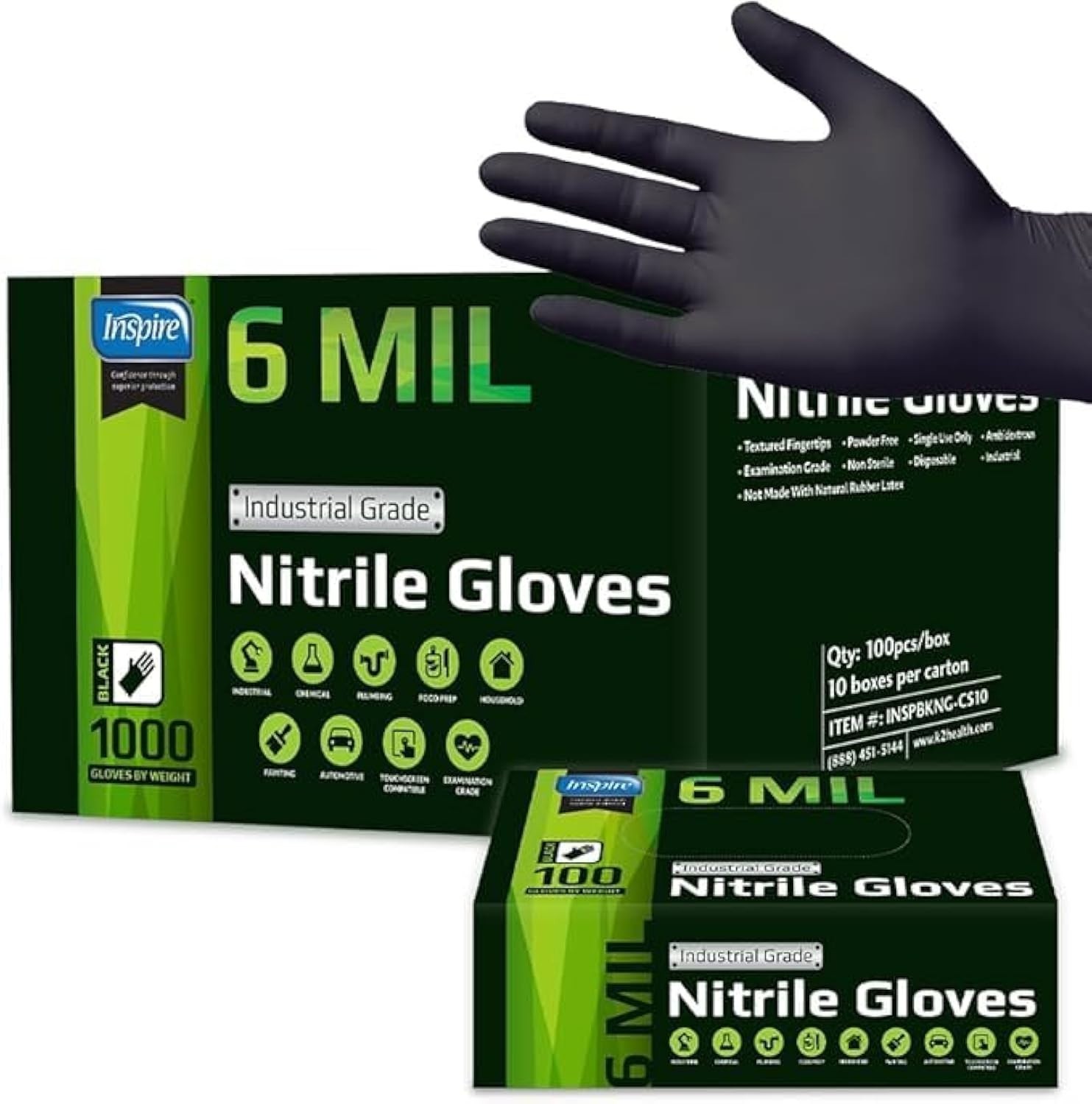 1000 ct Inspire Black Nitrile Gloves Heavy Duty 6 Mil Nitrile Chemical Resistant