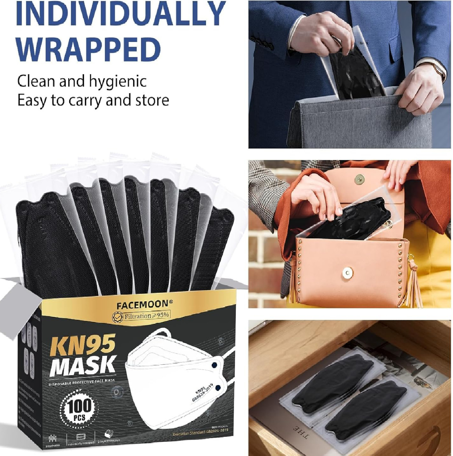 KN95 Face Mask Disposable Adults – 100 Pack 5 Layer Protection Adjustable KN95
