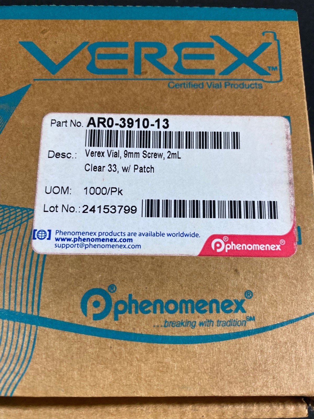 PHENOMENEX 2mL Verex Vial 9mm Screw Clear 33 w Patch AR0-3910-13 (1000/cs)