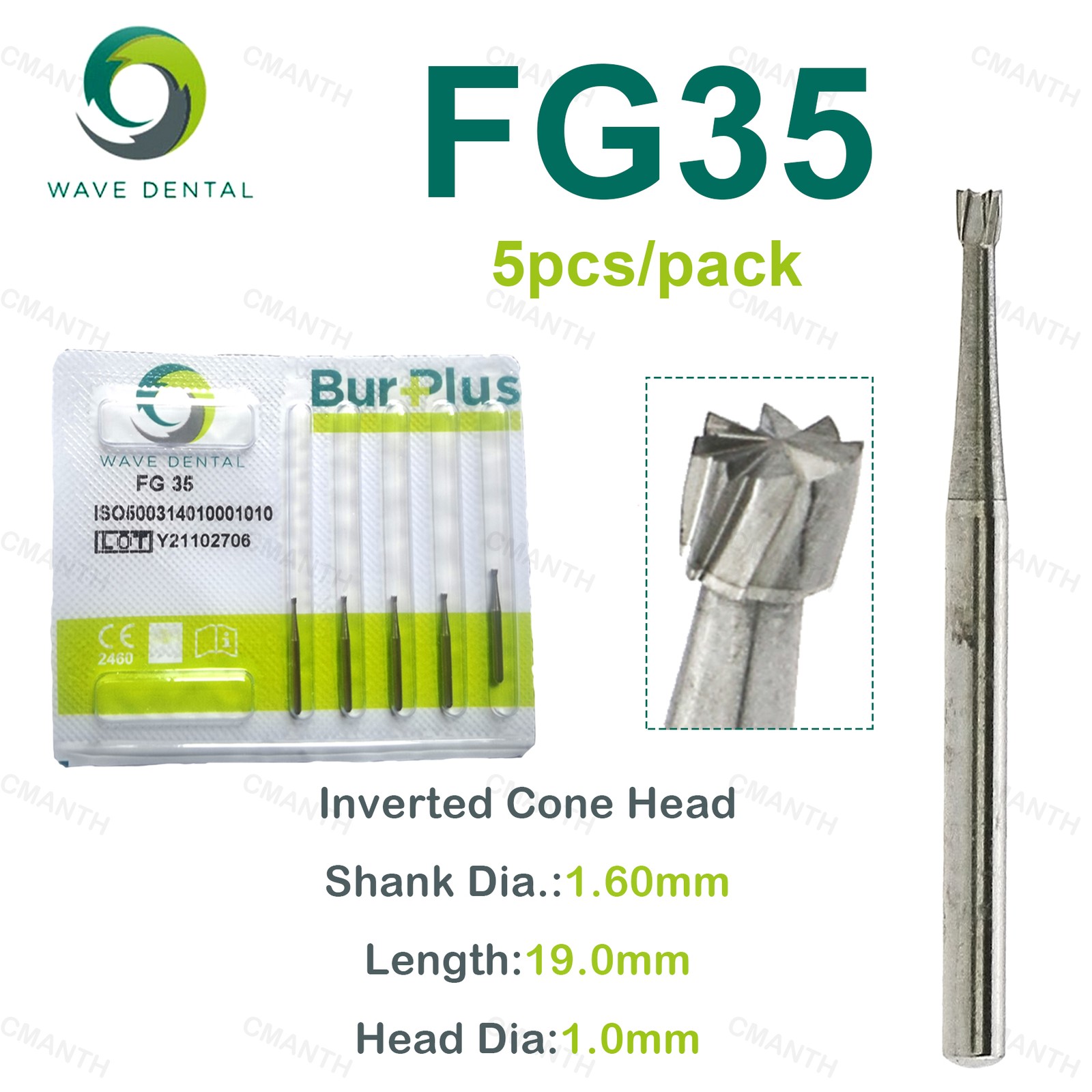 WAVE Dental Drill Bur Inverted Cone Head Tungsten Carbide Dia1.6mm FG High Speed
