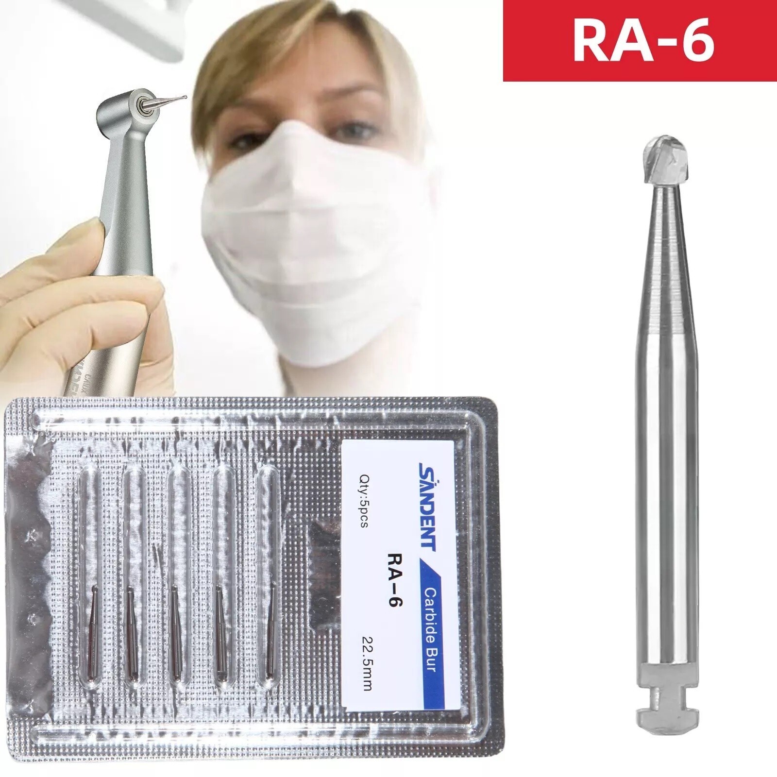5 Pcs/Pack Dental 22.5mm Round Carbide Bur Slow Speed Latch Type RA6 Burs USA