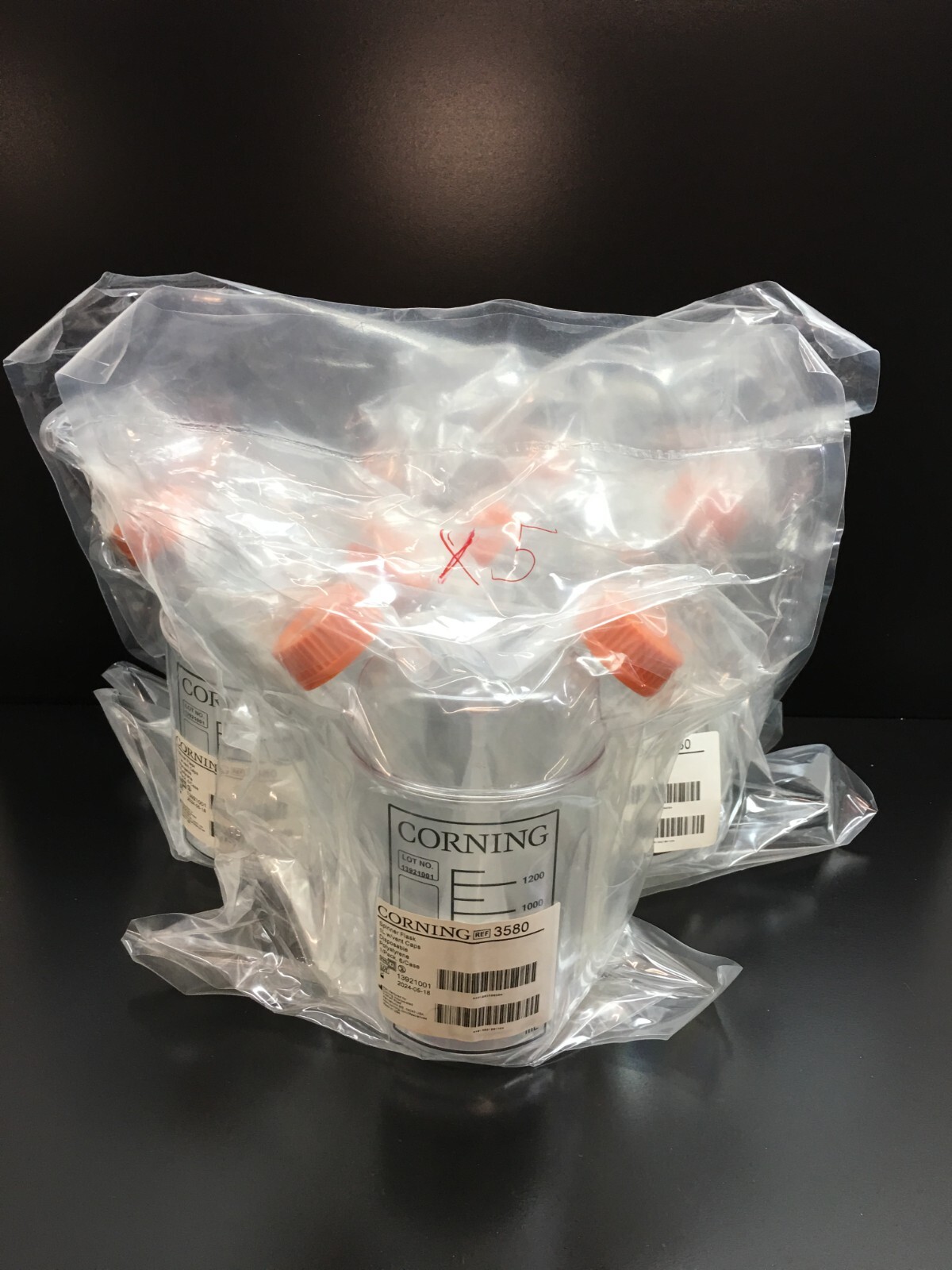 Corning REF 3580 1L Disposable Spinner Flask, Vent Cap, Sterile Lot. 5 PCS