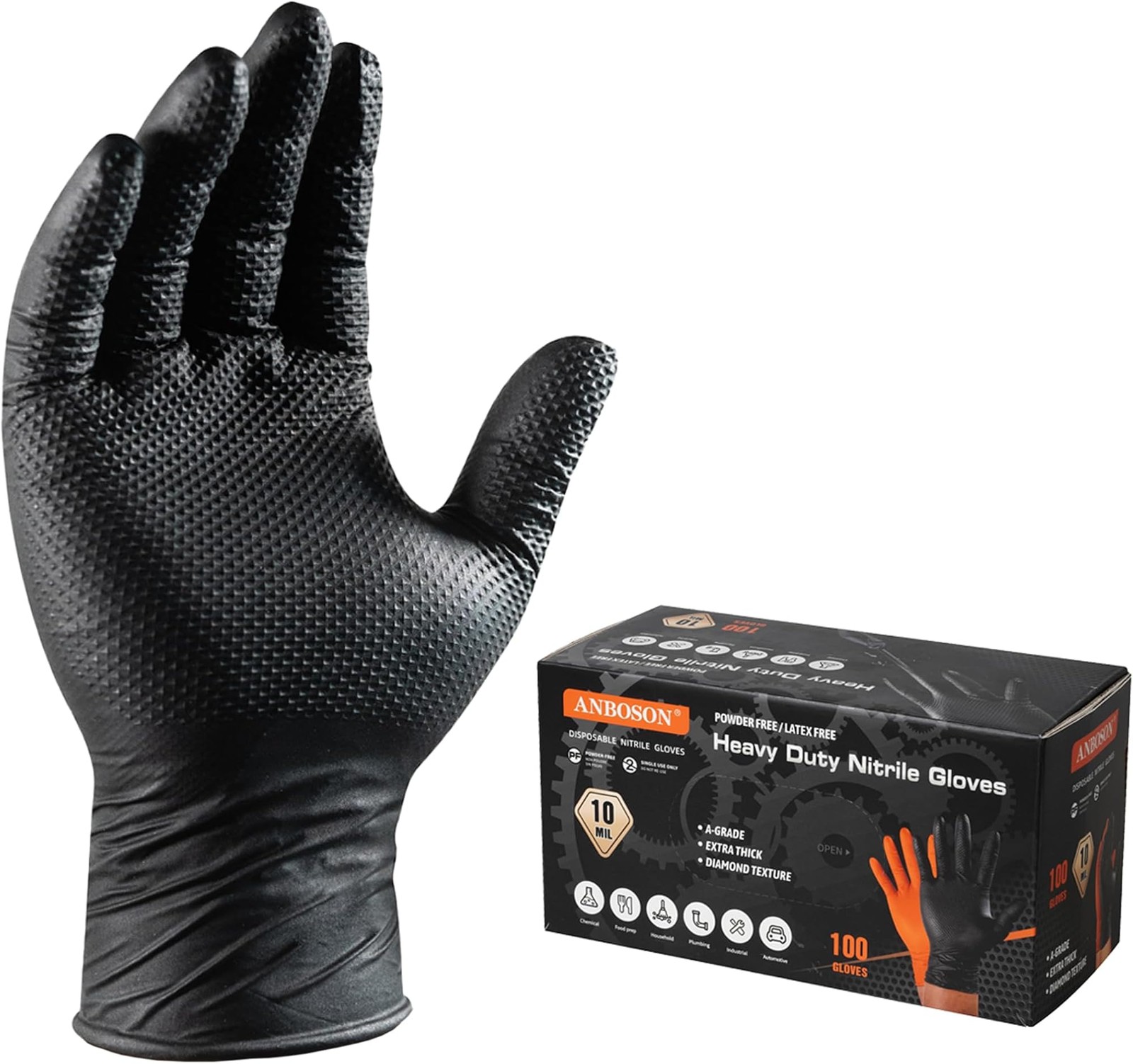 ANBOSON 10 Mil Diamond Textured Nitrile Gloves, Heavy Duty Disposable, Extra …