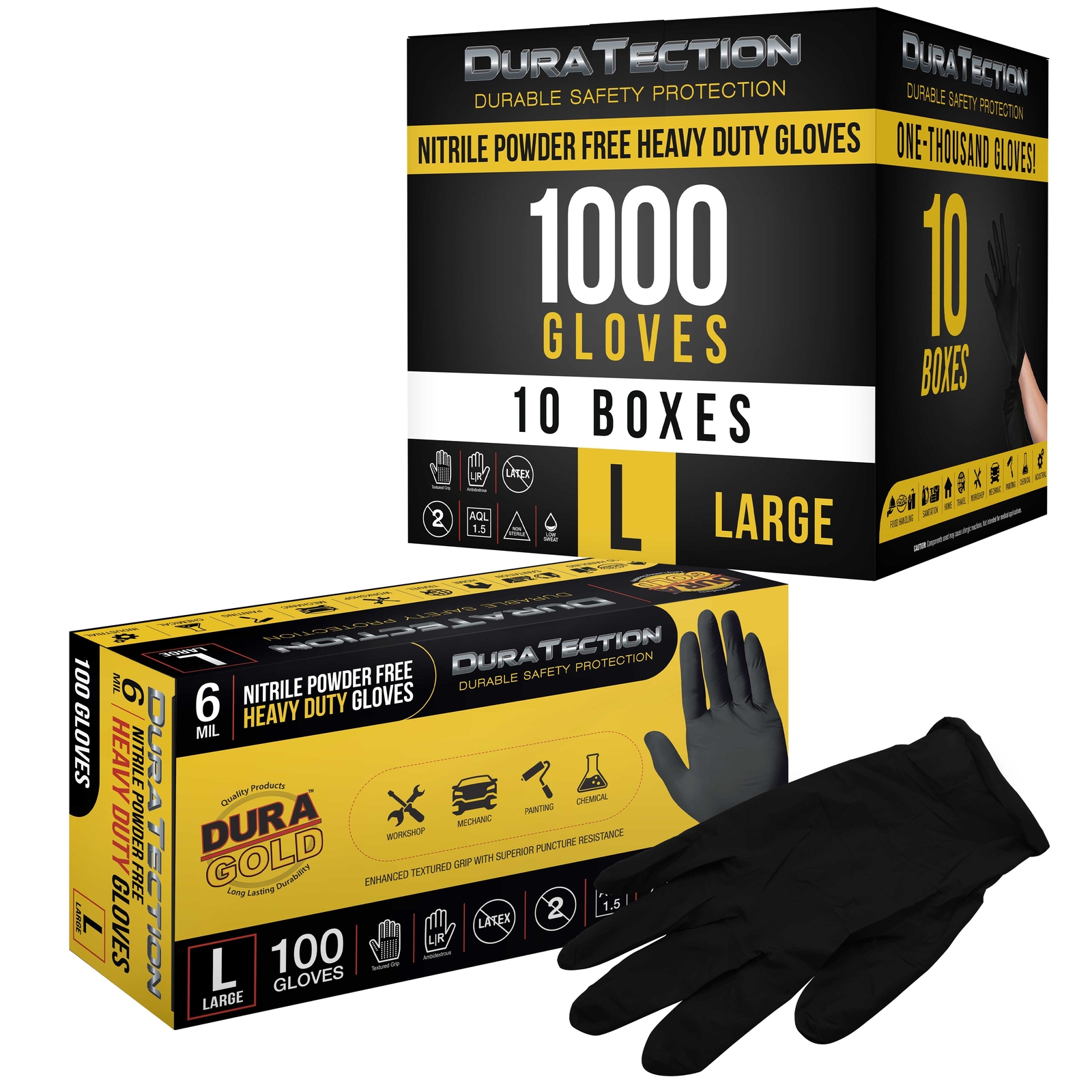 Dura-Gold HD Black Nitrile Disposable Gloves, 10 Boxes of 100, Size Large, 6 Mil