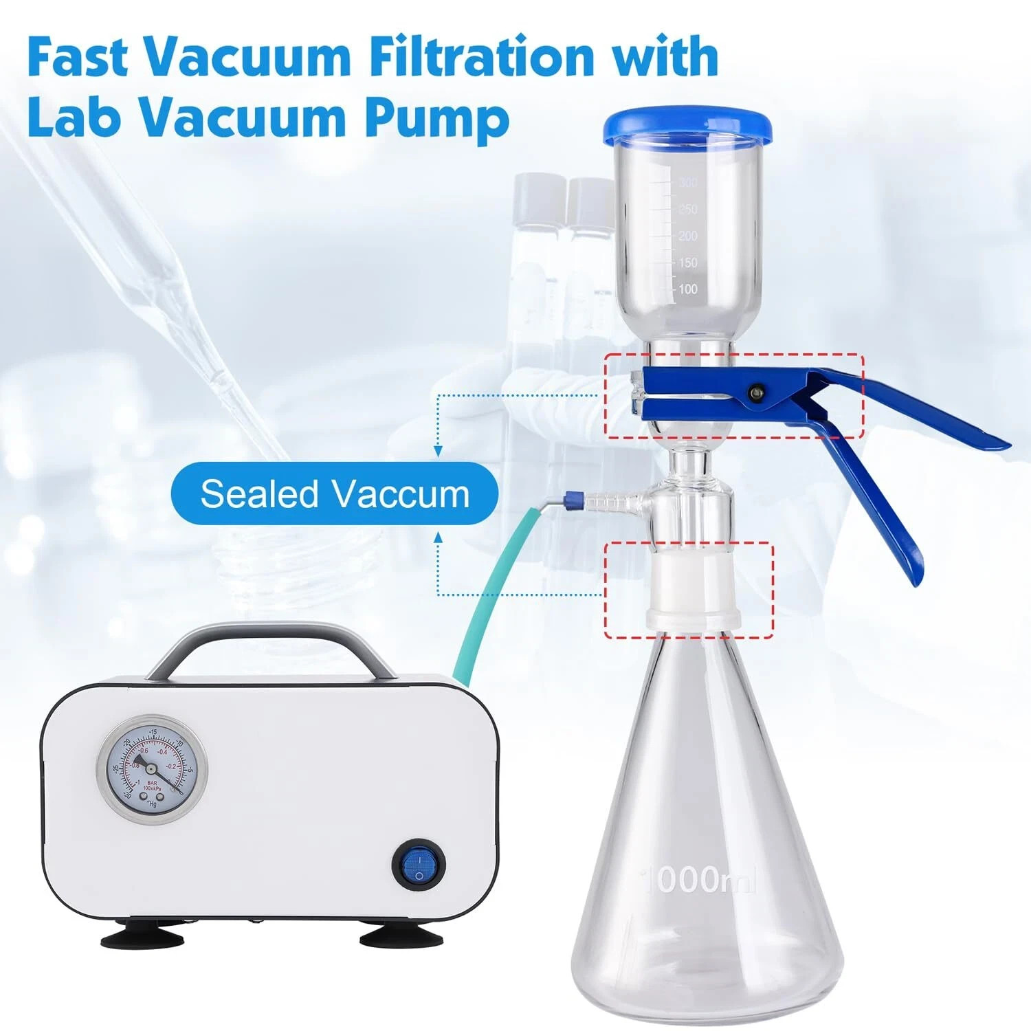 1000mL Lab Vacuum Filtration Flask Glass Suction Filtering Kit Base Funnel Clamp
