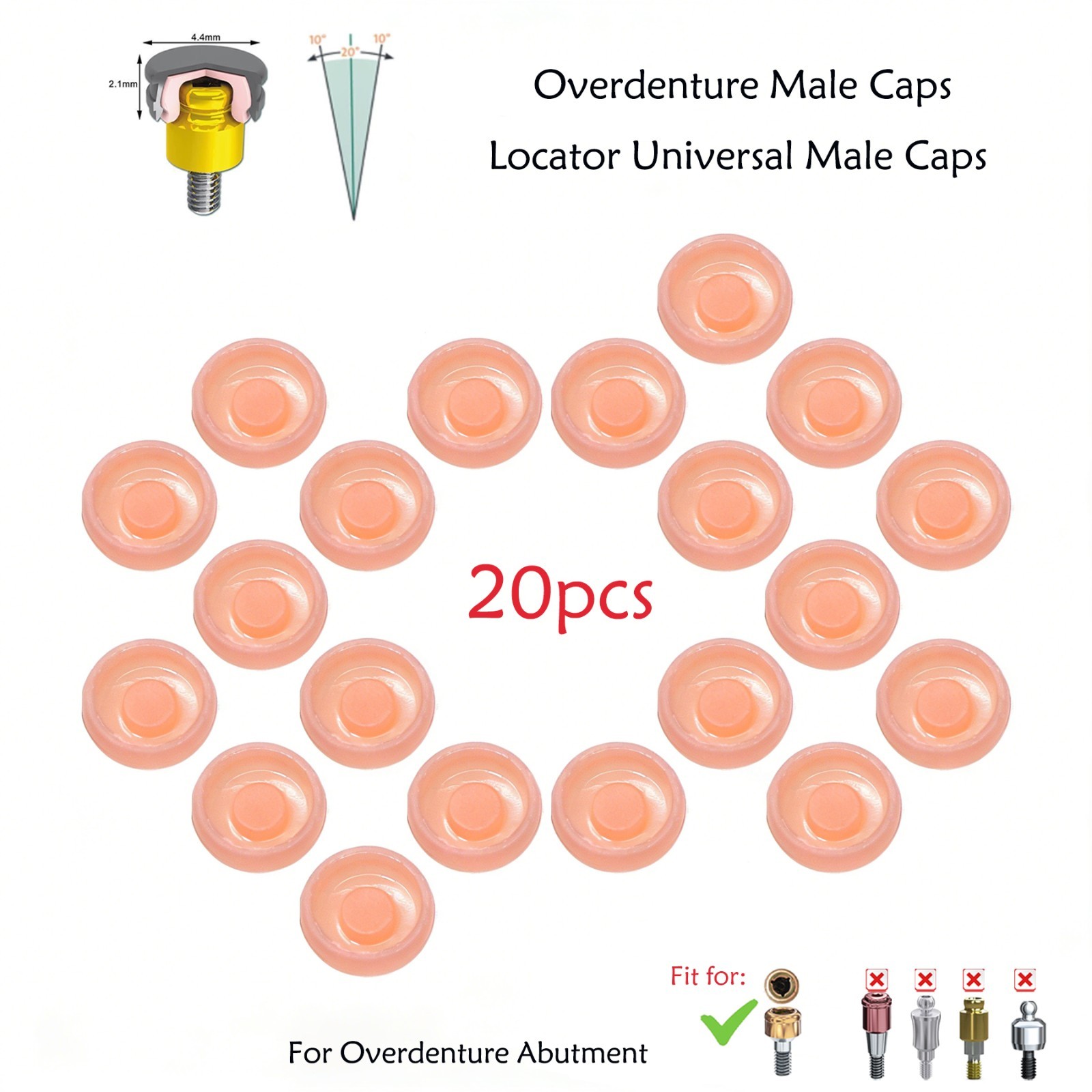 20Pcs Universal Dental Overdenture Replacement Cap for Zest Locator Male Inserts