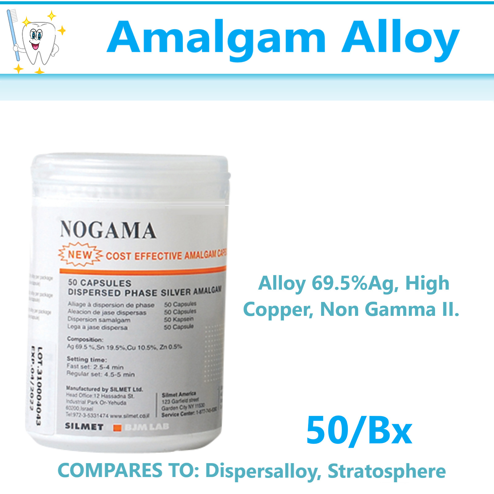 Nogama Amalgam Alloy 50/Pack – Silmet Dispersed Phase Alloy 69.5%Ag, High Copper