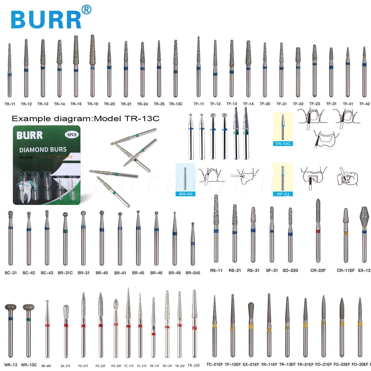 100 Types Dental FG Diamond Burs For High Speed Handpiece Friction Grip CE