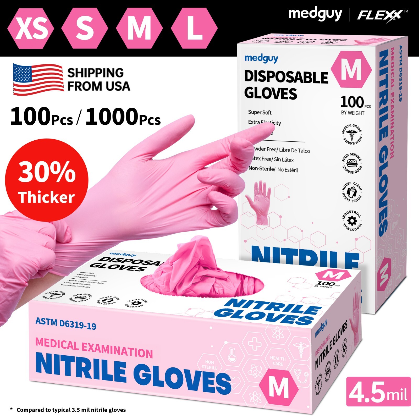 Disposable Nitrile Gloves 4.5 mil Pink Powder-Free Food-Safe Cleaning Exam Glove