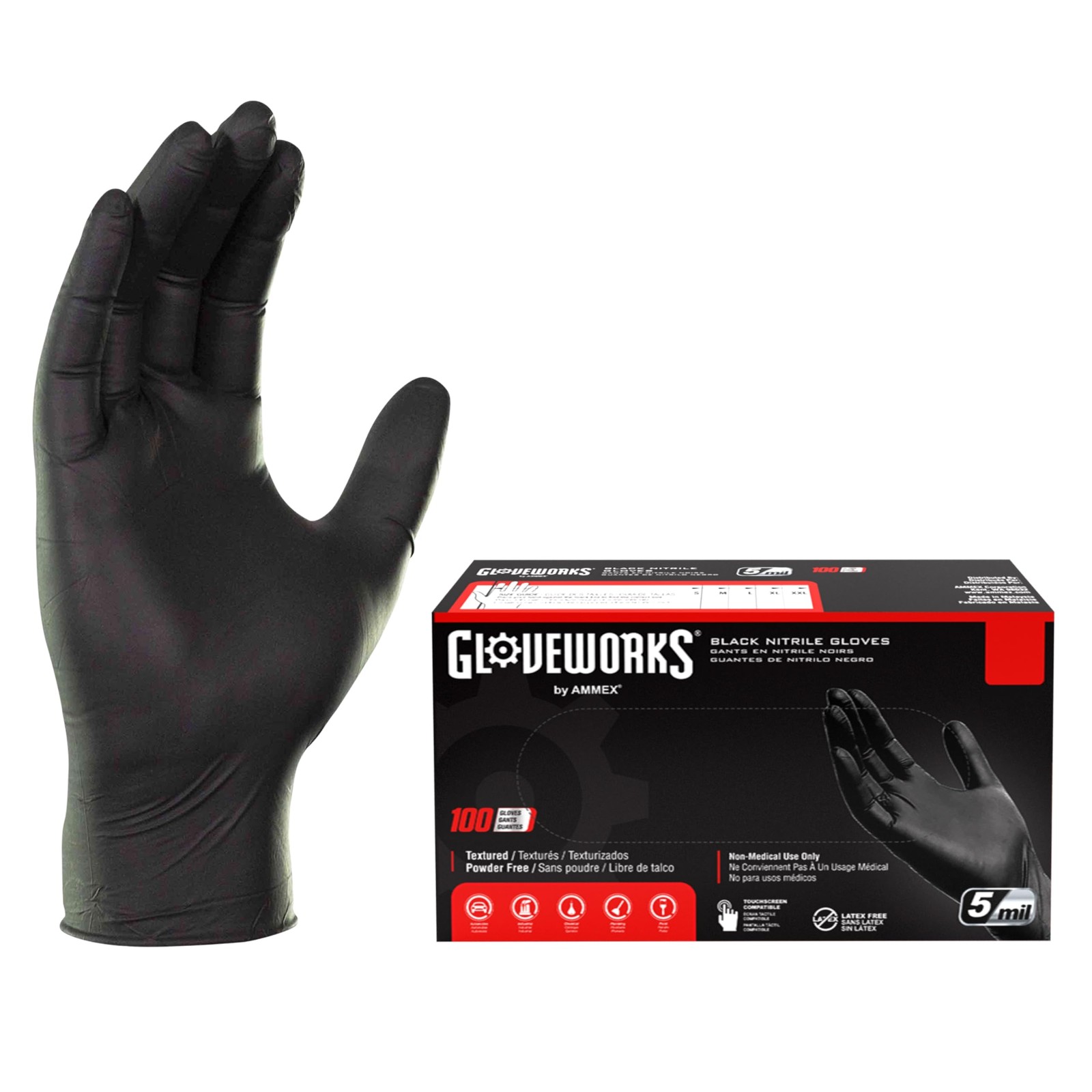 GLOVEWORKS Black Nitrile Gloves 5 Mil Textured Powder-Free Medium 100-Pack