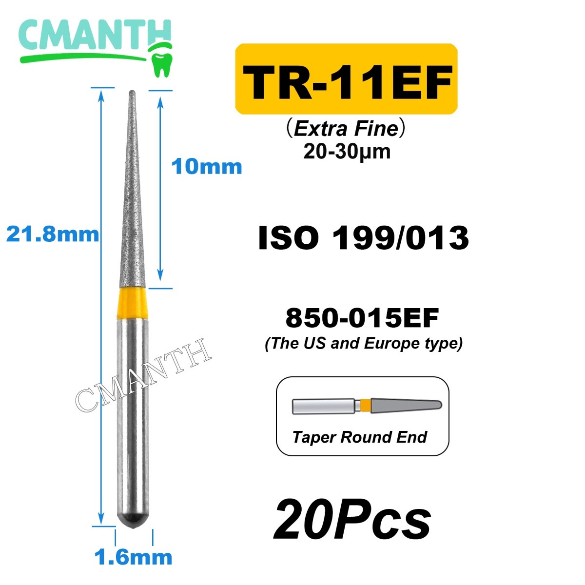 US Fine Dental Burs Diamond Burs High Speed Turbines Drills Tools 1.6mm 20pcs