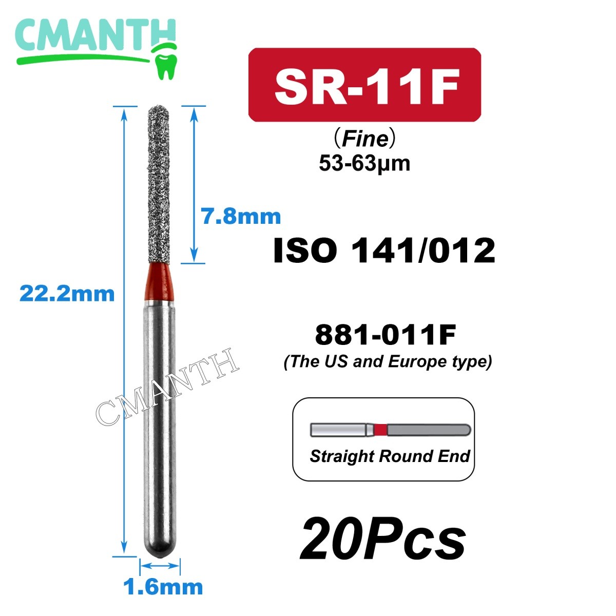 US Dental Burs FG High Speed Diamond Burs Dental Lab Polishing Tools 1.6mm 20pcs