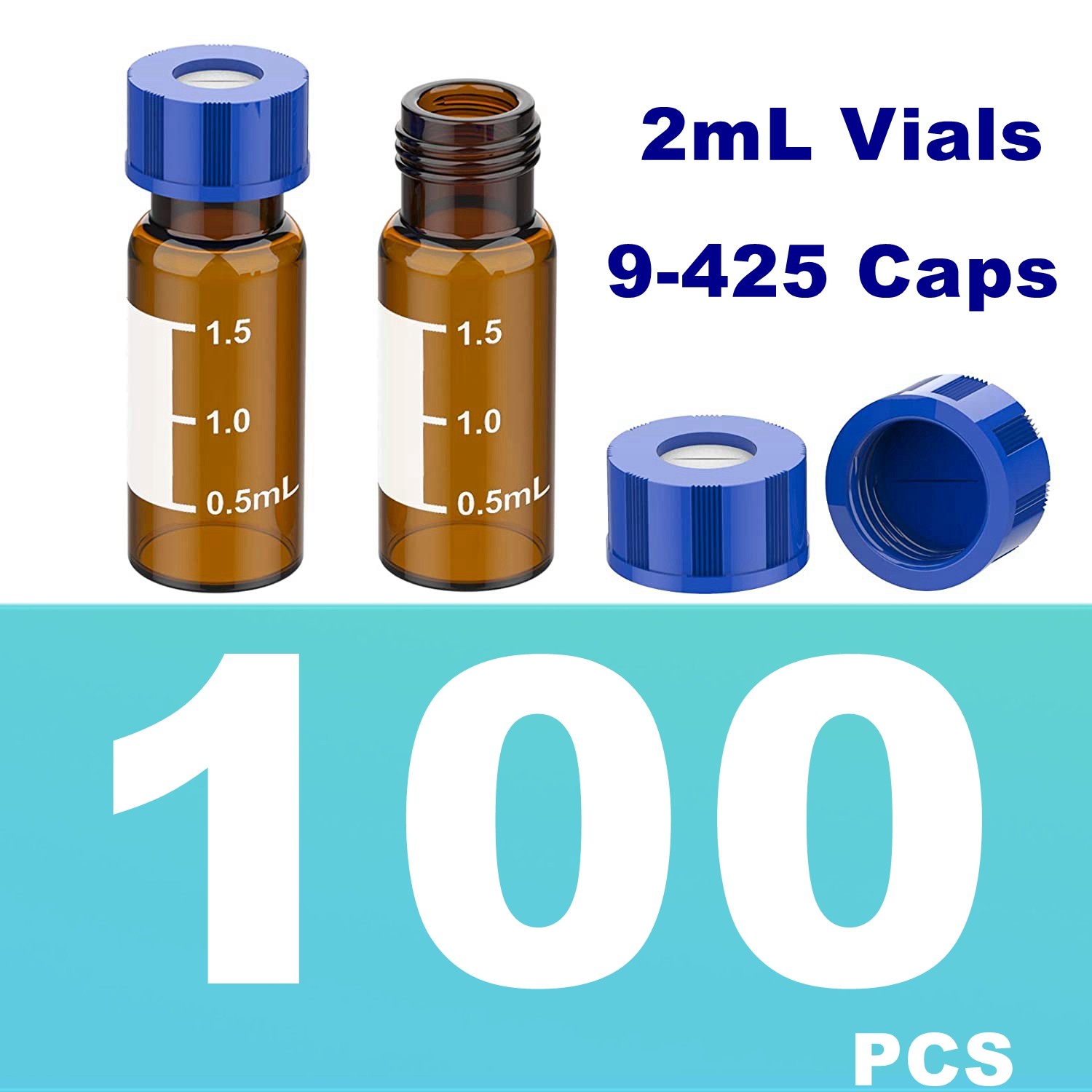 2mL Amber/Clear Autosampler Vials 9-425 Pre-slit Screw Caps Blue PTFE LAB