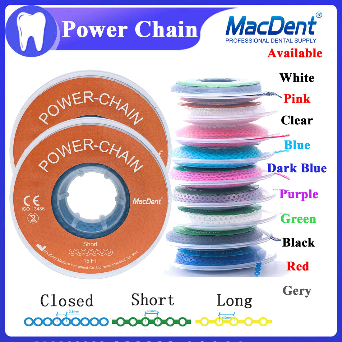 Dental Orthodontic Elastic Rubber Power Chain Braces Bands Short/Long/Close