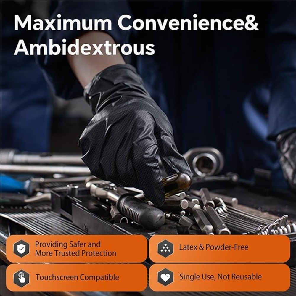 Black XL Nitrile Disposable Gloves 8 Mil Raised Diamond Texture | Fast Ship US