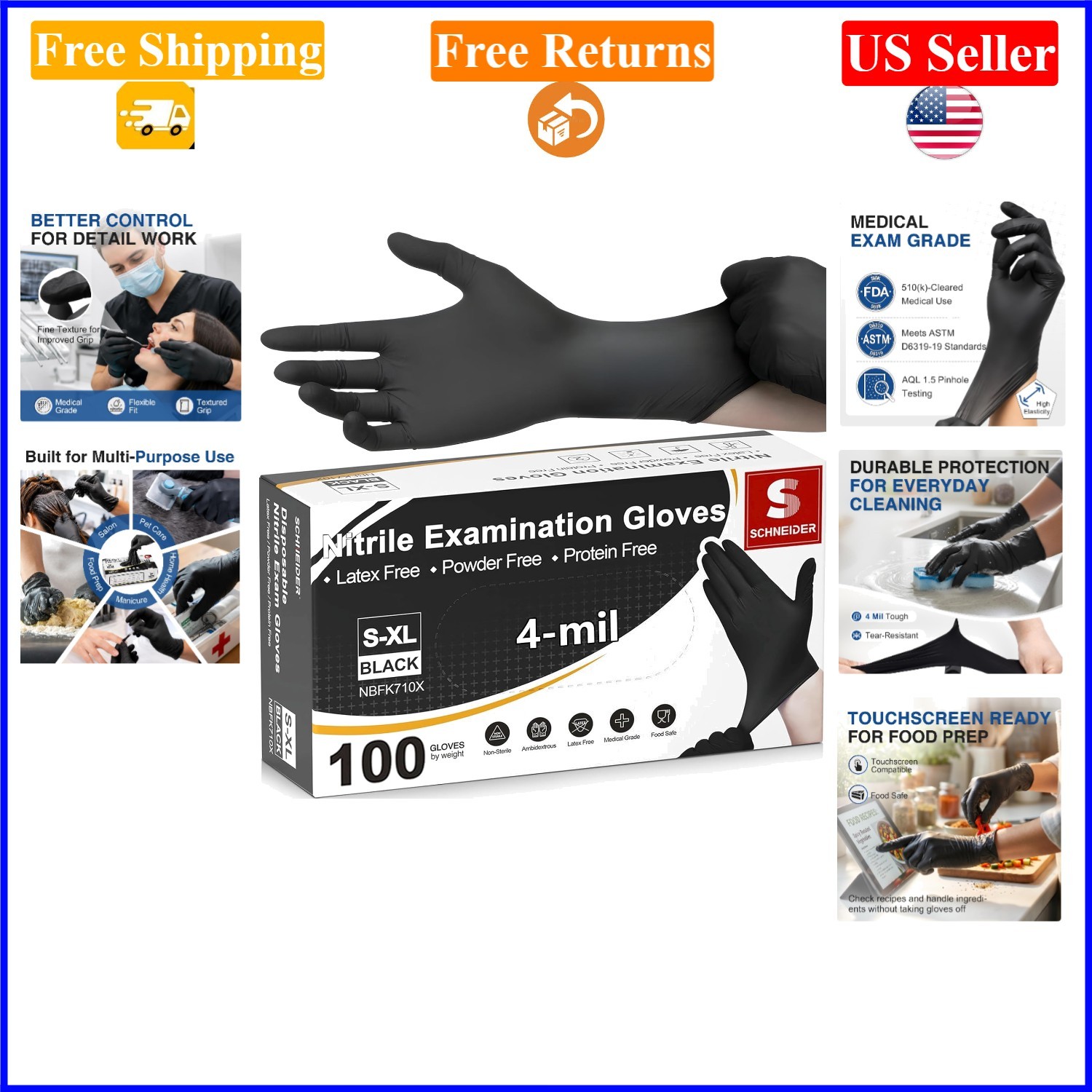 Black Nitrile Exam Gloves 4 Mil XL Disposable Powder-Free Food Safe
