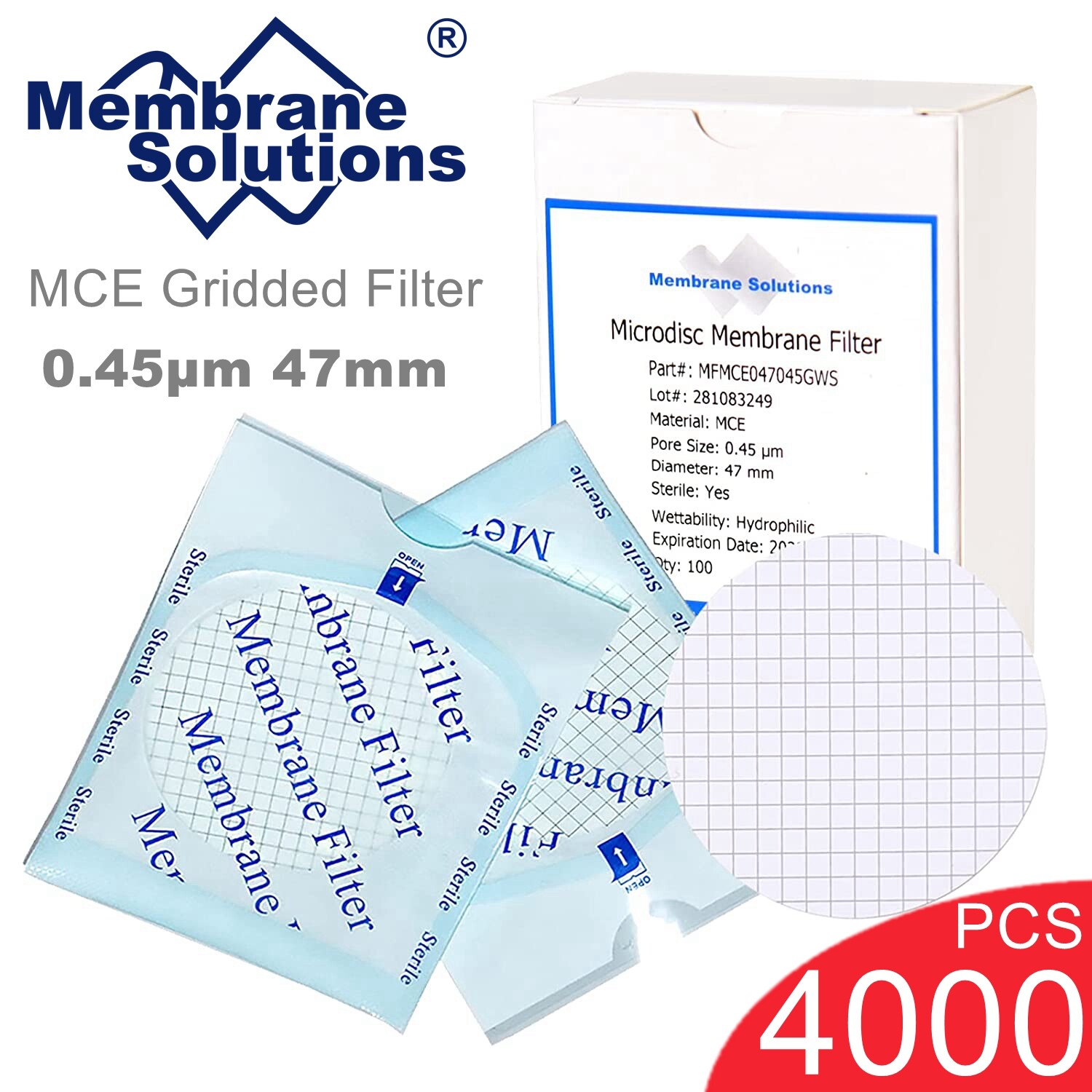 MCE Membrane Filter,Sterile,Black Grid, 47 mm,0.45µm,100-4000pcs,Lab Disc Filter
