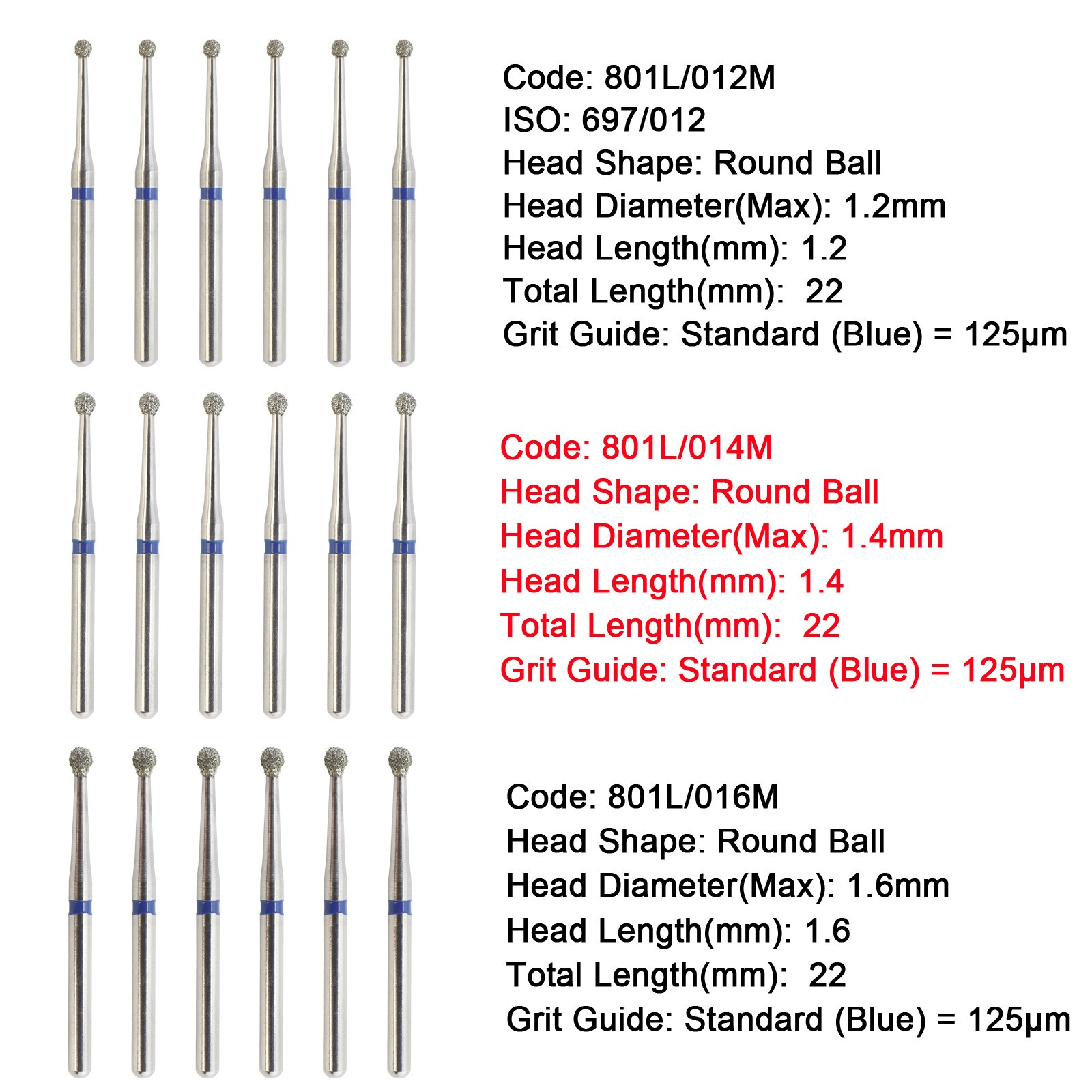 Dental Diamond Burs 801/801L Muti-use FG Round Ball Bur For High Speed Handpiece