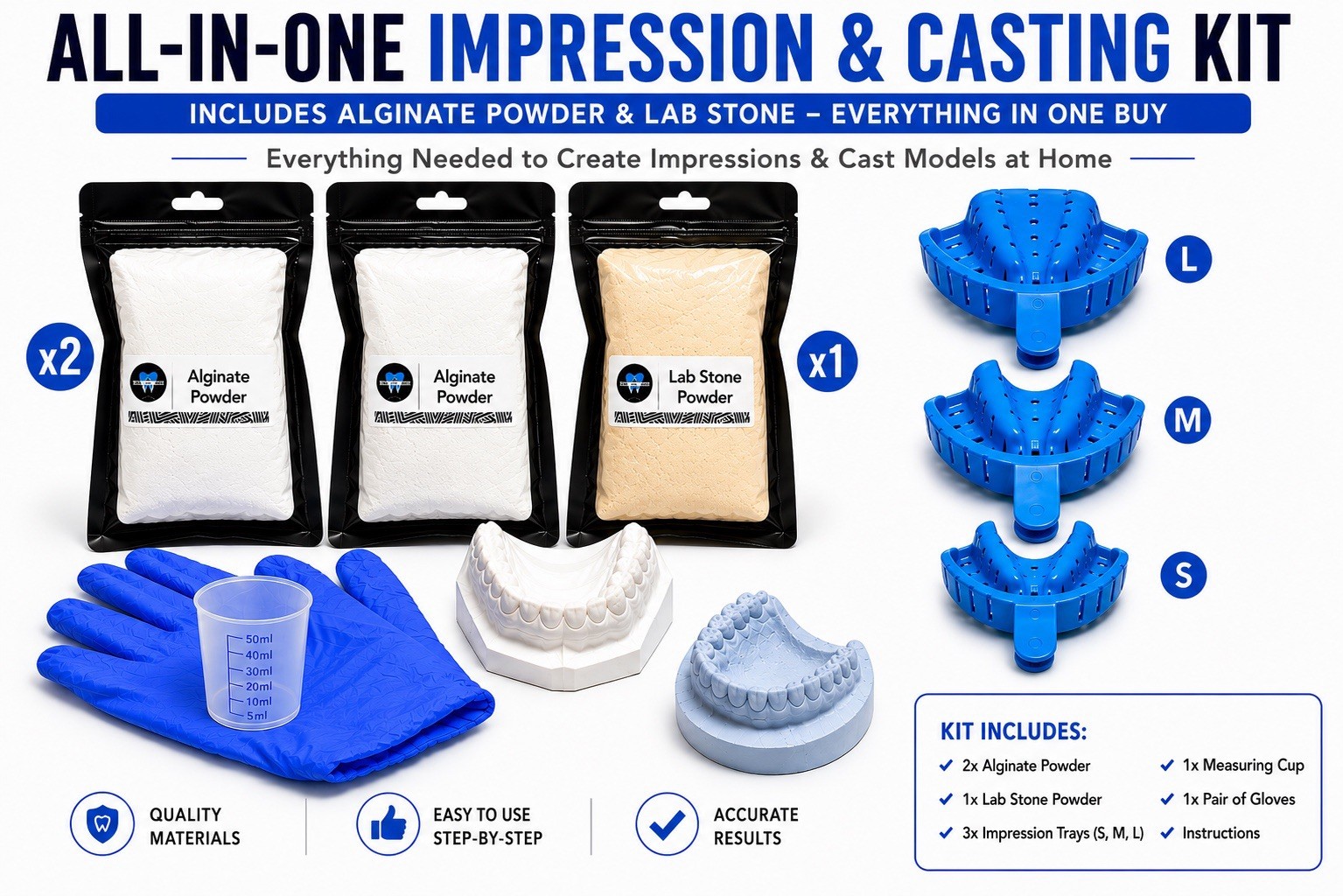 Dental Alginate Impression Kit + Lab Stone | 3 Trays | Make Impressions at Home