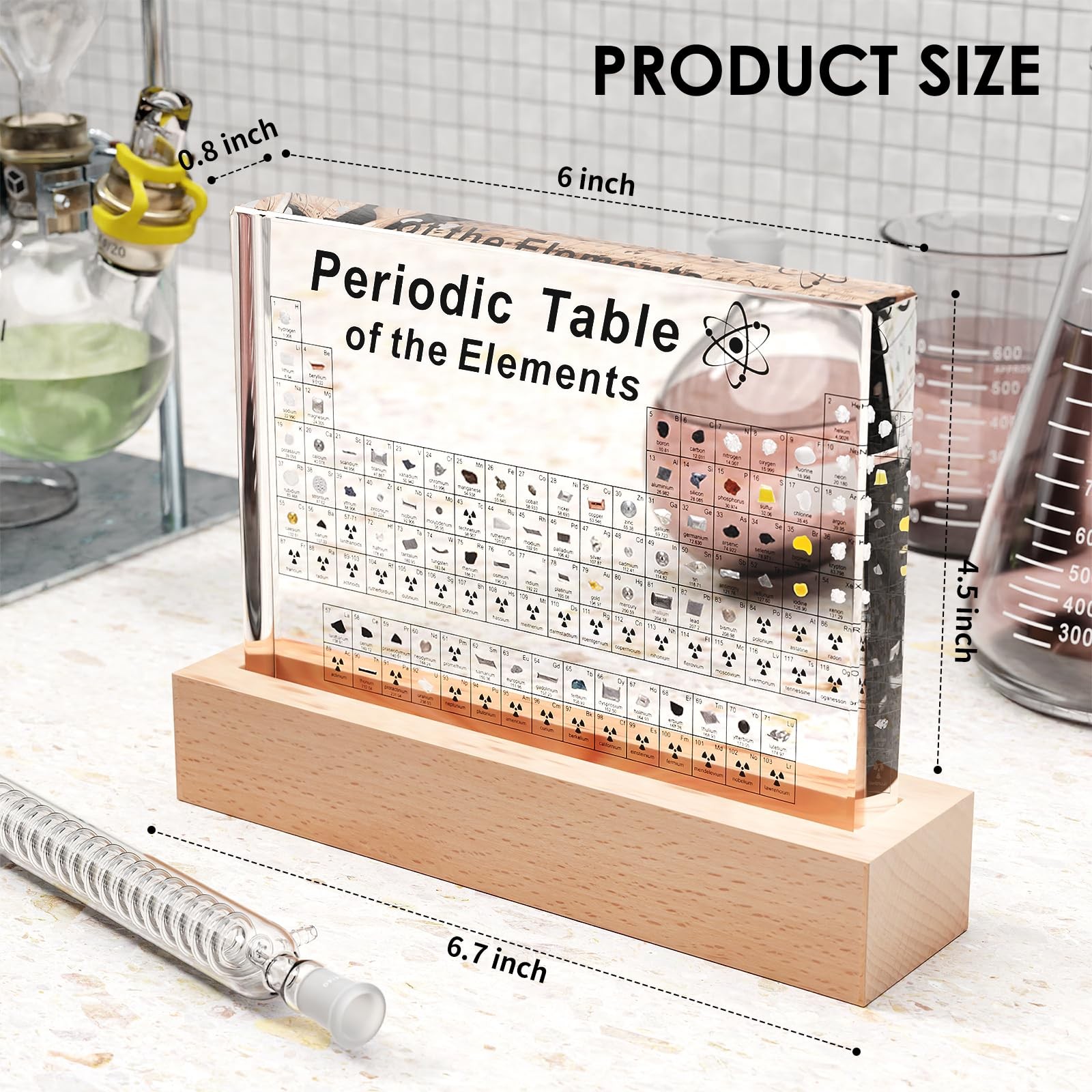 Periodic Table W/ 83 Real Elements Samples Wooden Stand Magnifying Glass 6 X 4″