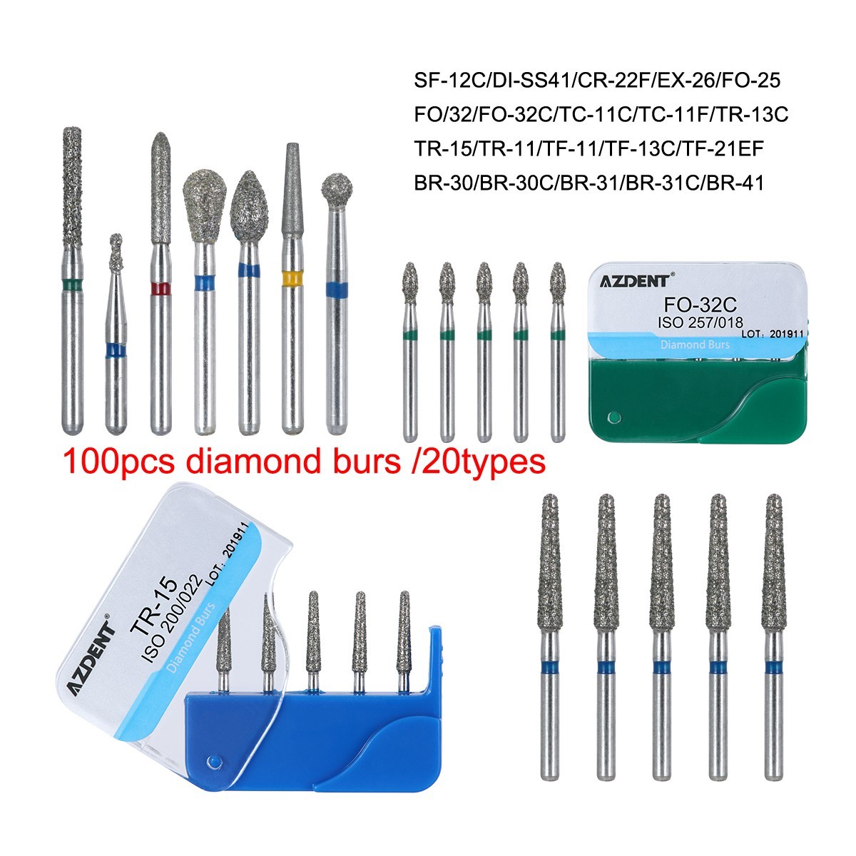 200pcs AZDENT Dental Diamond Burs Medium FG 1.6MM F High Speed Handpiece 20Types