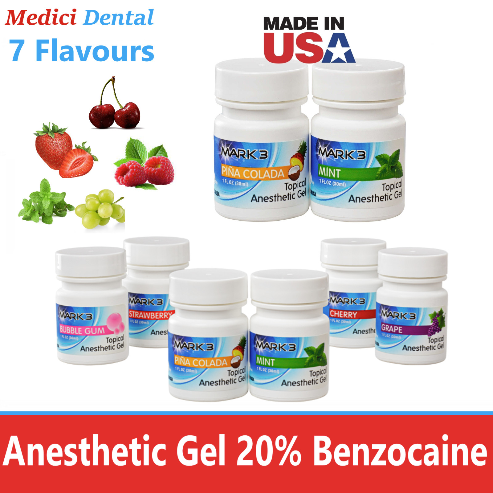 Dental Topical Anesthetic Gel 20%, 7 Flavors, 1oz Jar, Made in USA Exp 02/2027