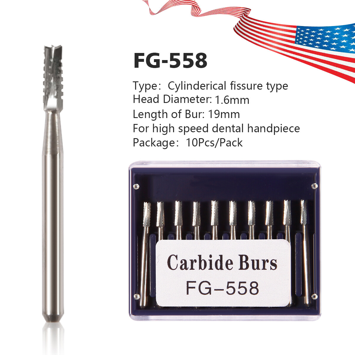 10Pcs FG-558 Dental Tungsten Carbide Steel Burs for High Speed Handpiece