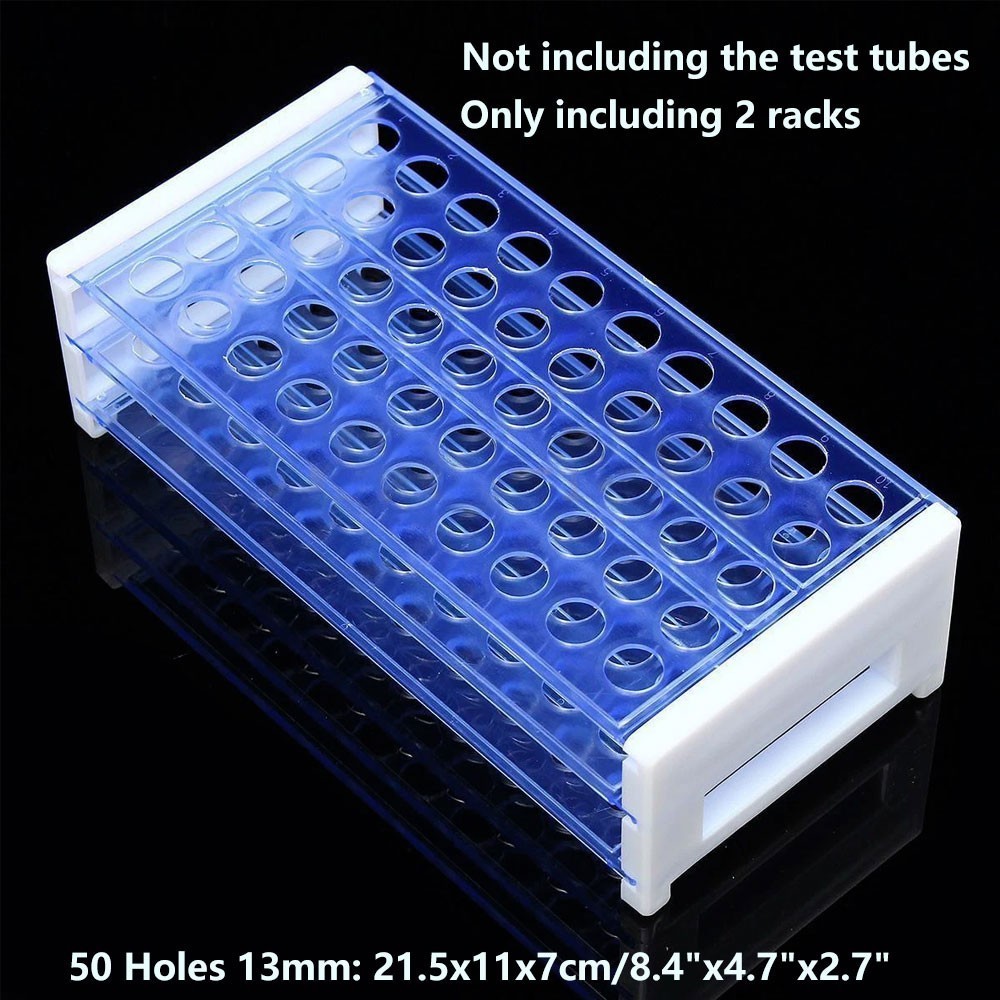 50Pcs Plastic Test Tubes Sample Container Vials w/ Caps Rack Holders 40/50 Holes